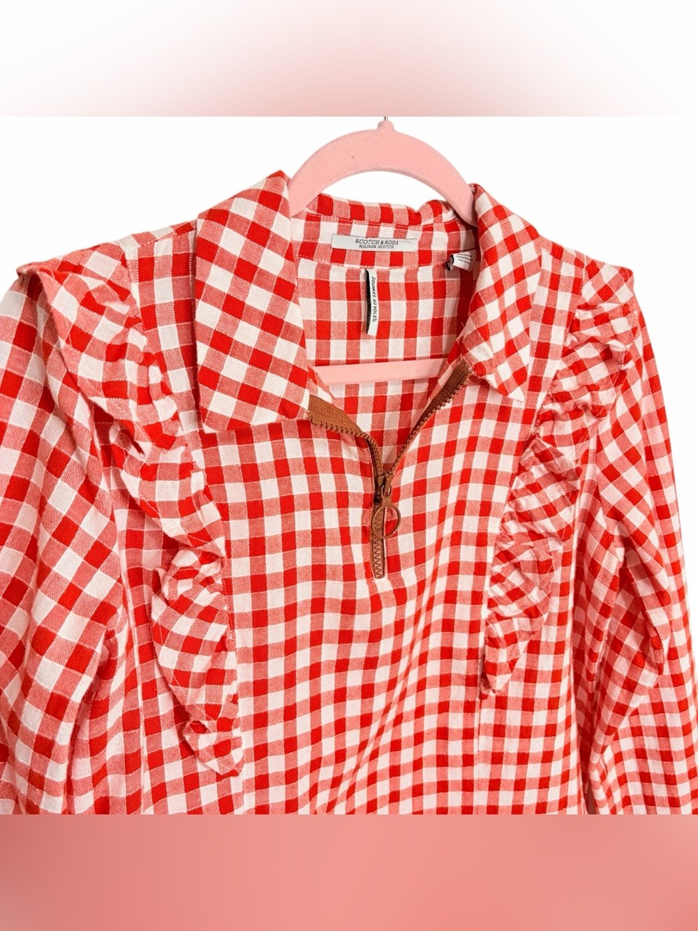 NWOT SCOTCH & SODA Journee Au Soleil Gingham Ruffle Quarter-Zip Top, Small