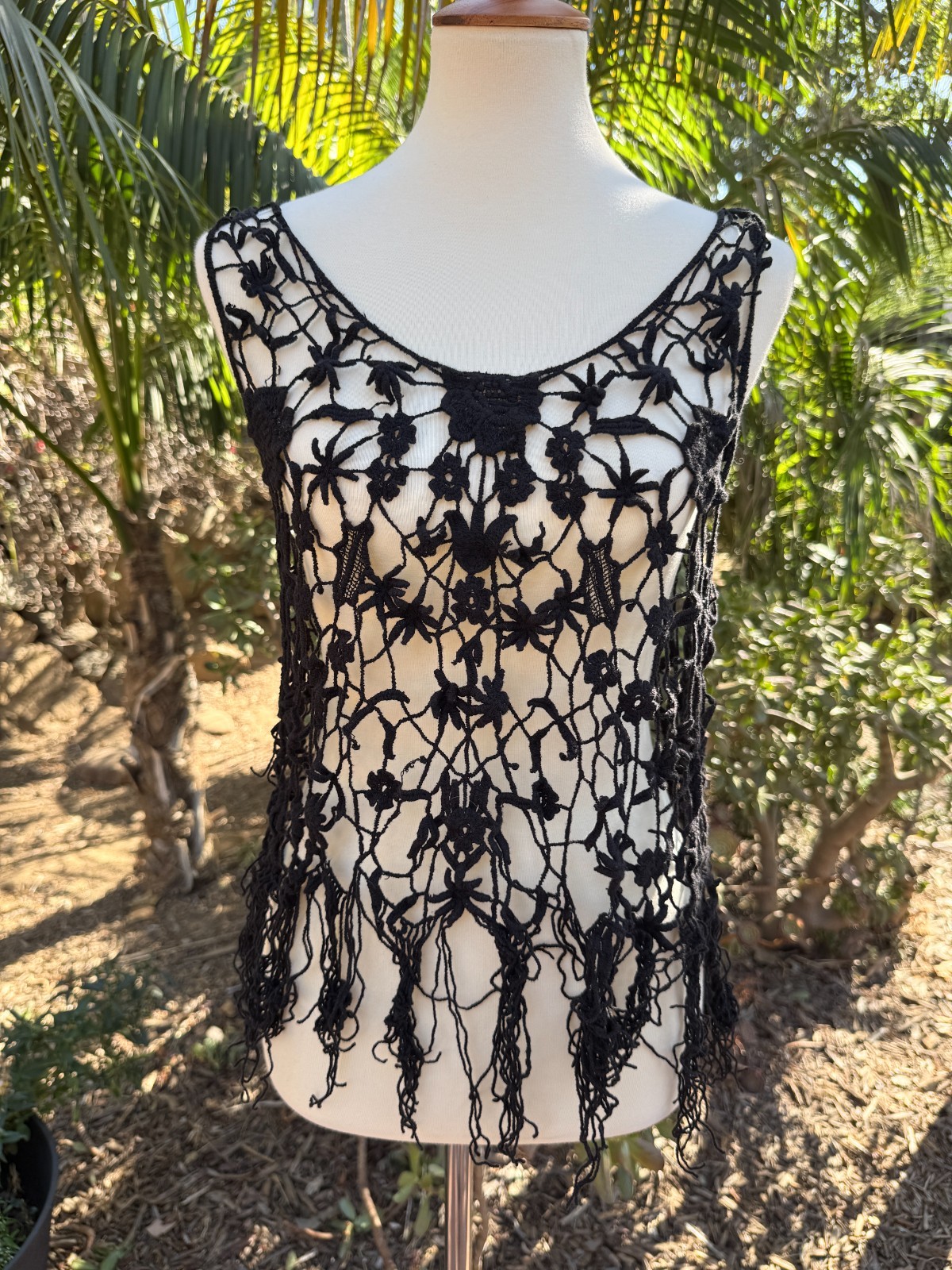Black Fairy Grunge Whimsigoth Floral Open Knit Crochet Fringe Festival Top Sz S
