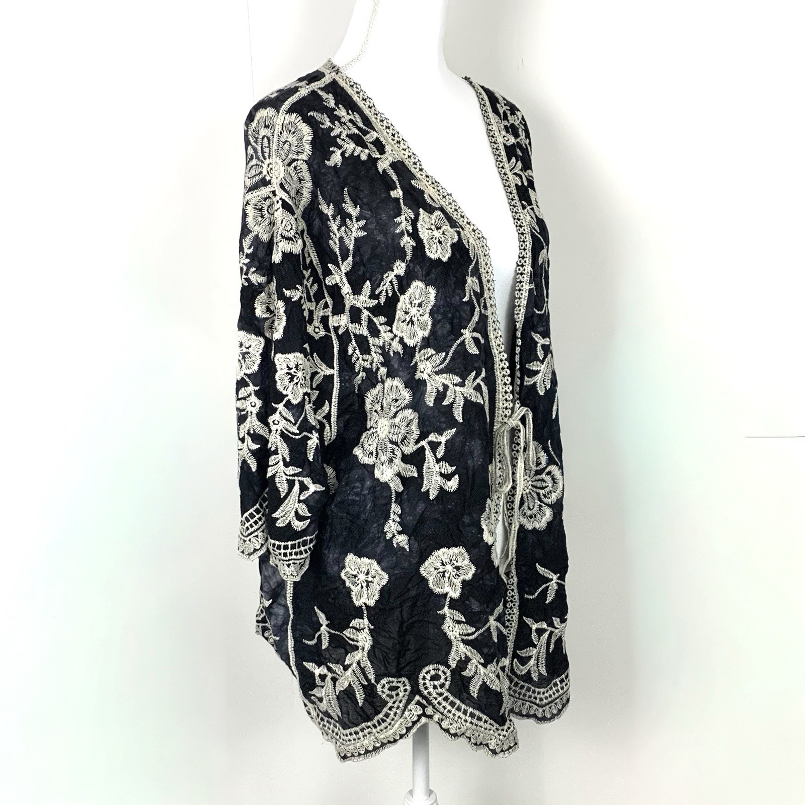 Women One Size Kimono Fully Embroidered Tie Front Boho Lightweight Beach Duster