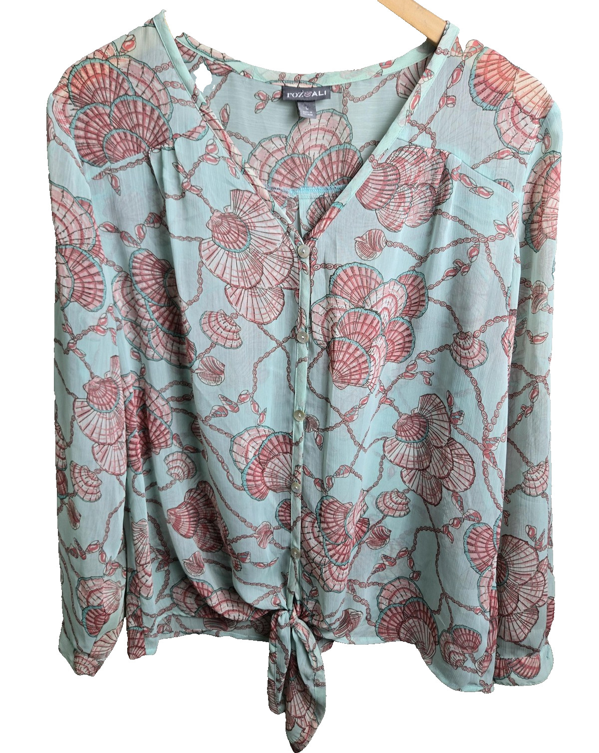 Roz And Ali Blouse Womens L Blue Sheer Geometric V-Neck Roll Tab Button Chiffon