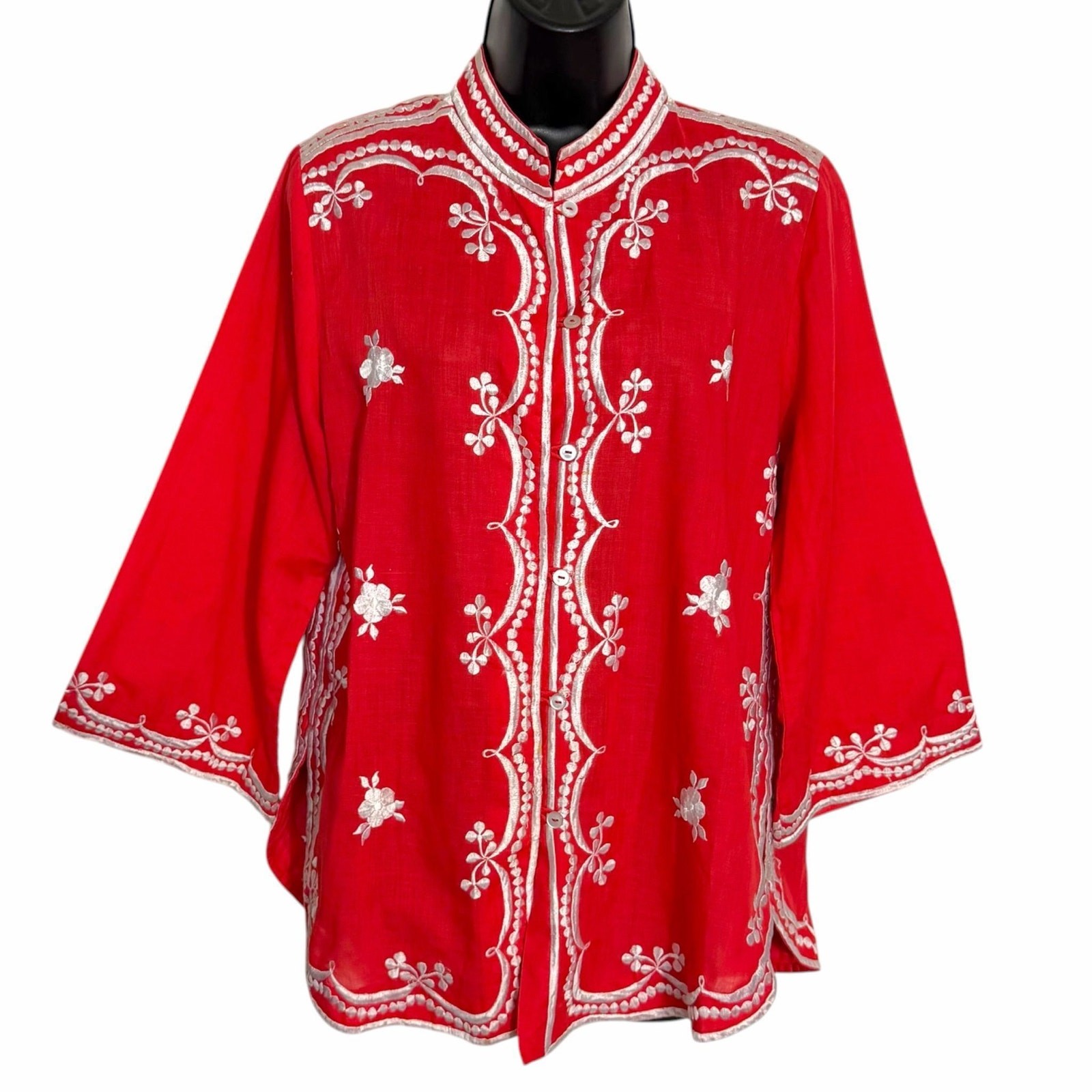 Vtg Foyens Of Hawaii Red White Embroidered Tunic Top Ethnic Cotton Philippines L