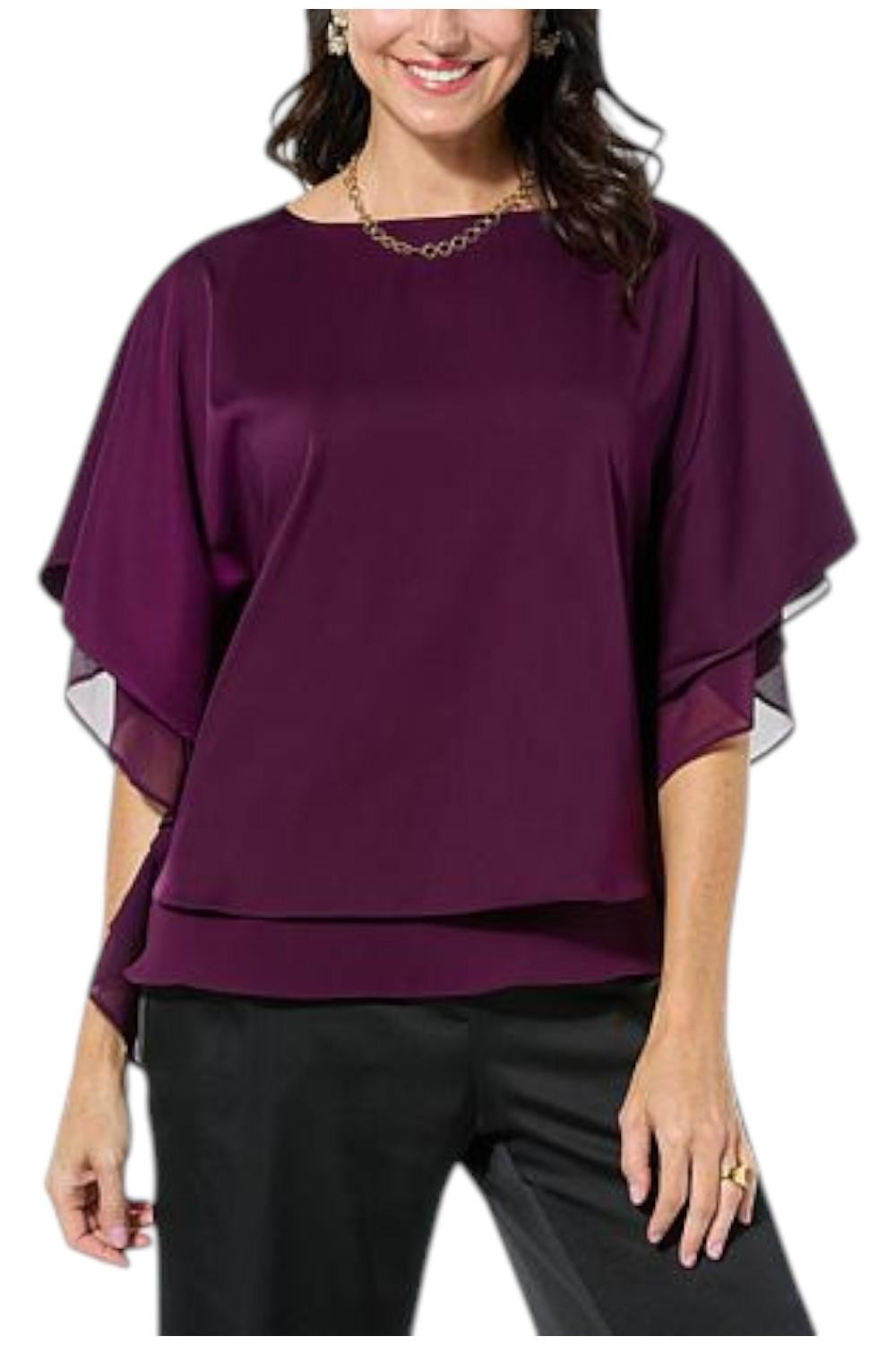 Nina Leonard Women’s Double Layer Hi-Low Kimono Top Black Plum