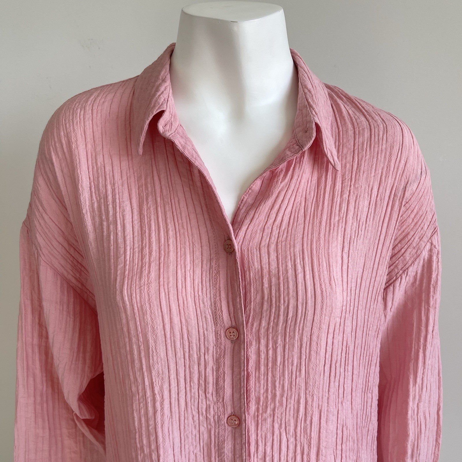 Zara Crinkle Oversized Button Down Tunic Shirt Twisted Cut Out Pink M Preppy