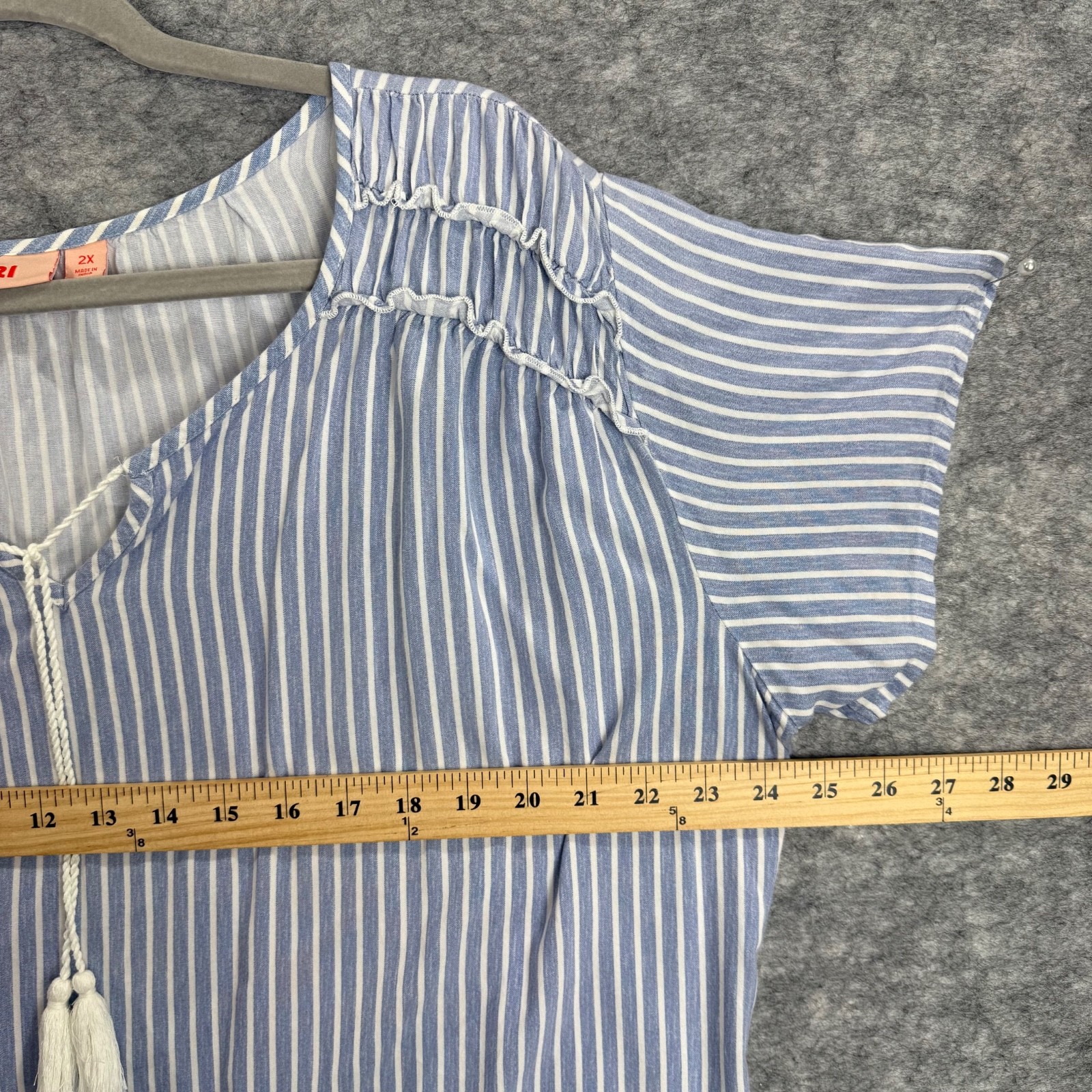 EVRI Women’s 2X Top Blue White Striped Tassel Blouse Boho Coastal Casual Summer