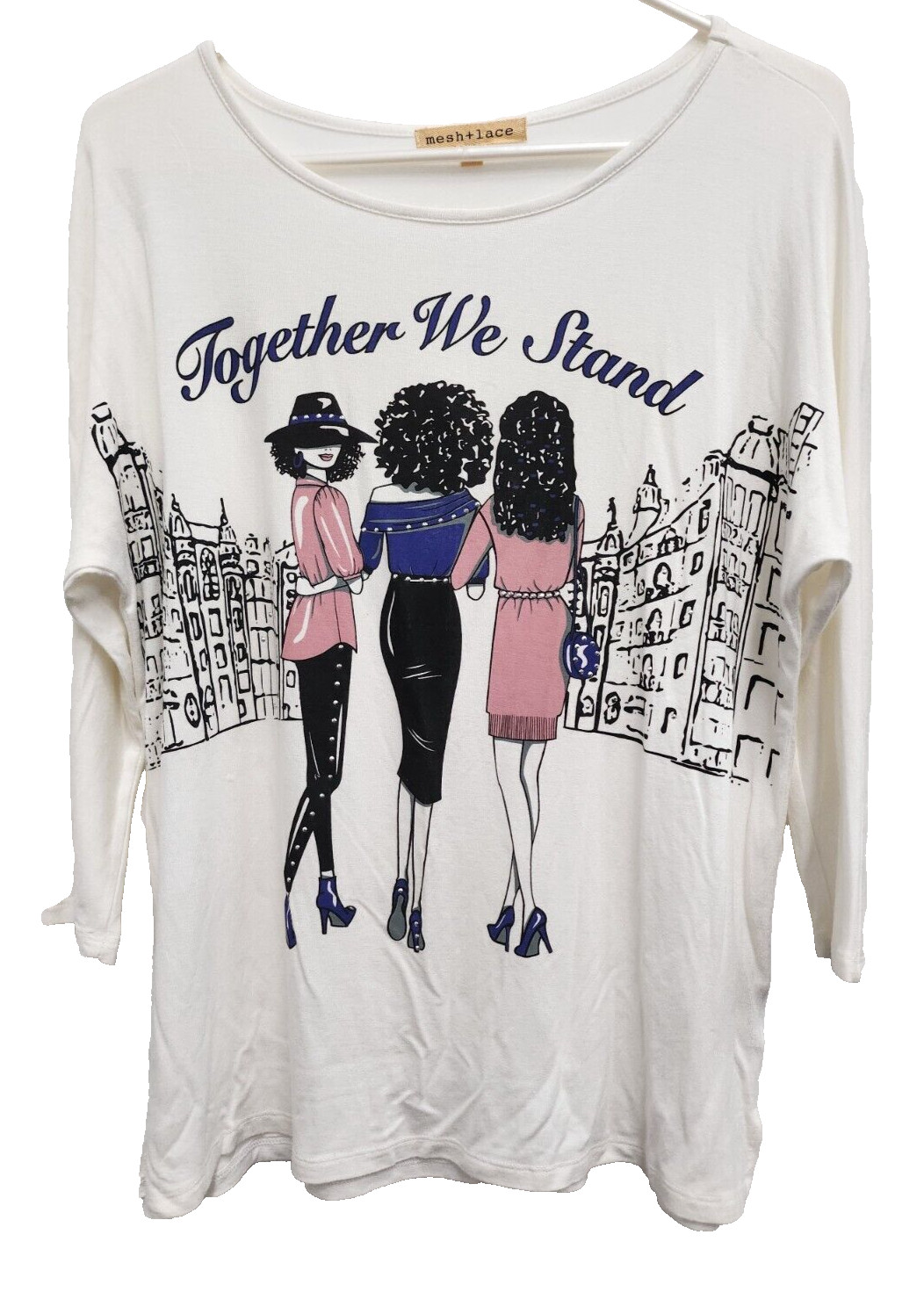 Mesh + Lace Womens Top Medium White Together We Stand Graphic Novelty Artsy