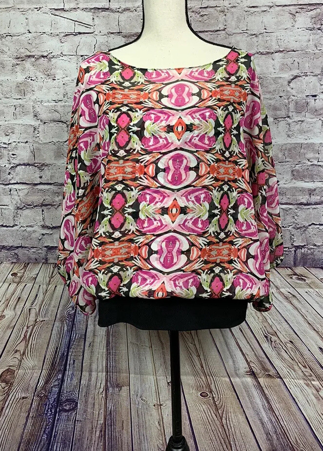 Alfani Blouse Pink Geometric Print Sheer Bat Wing Sleeve Lined Womens Large