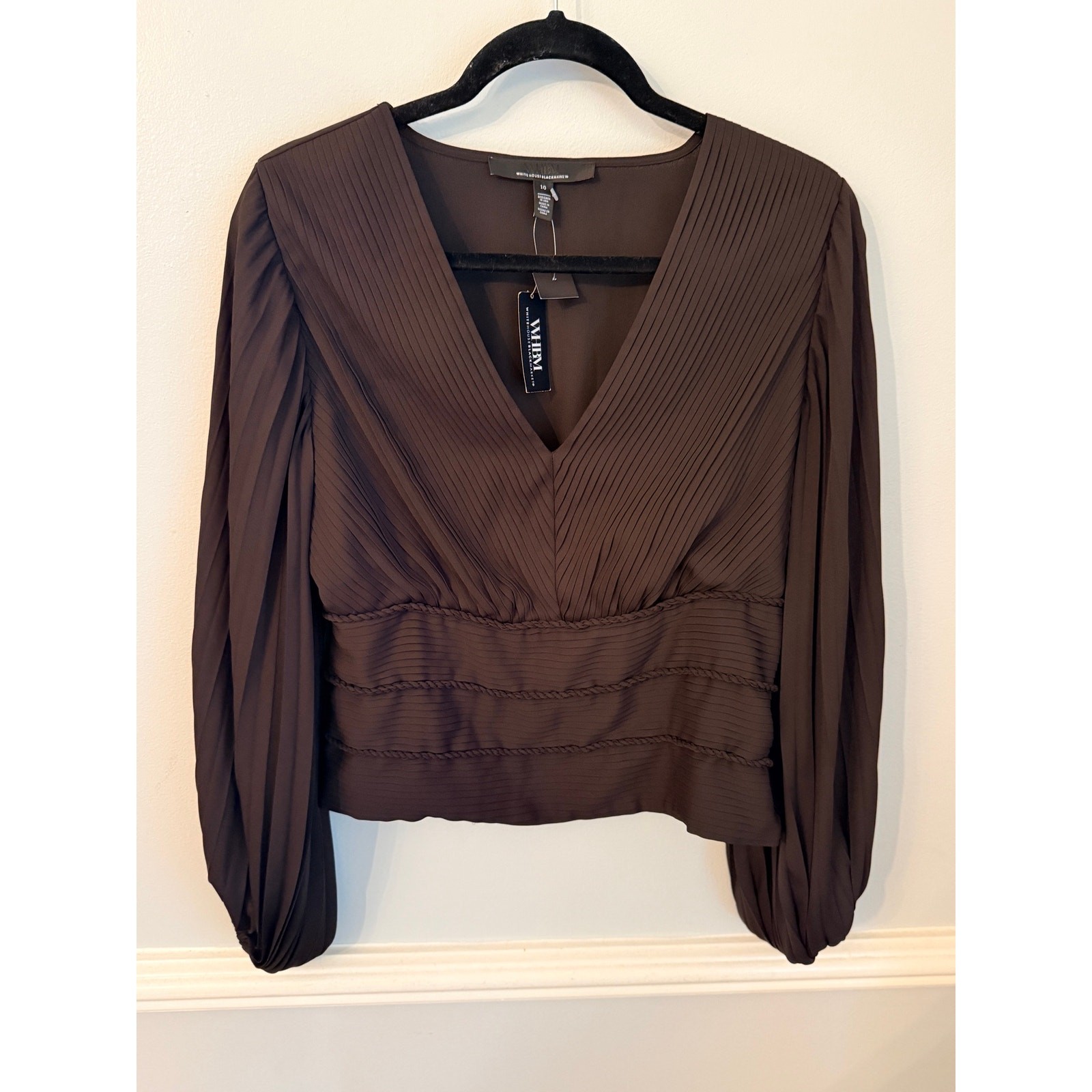 White House Black Market Pleated Surplice Blouse Brown Size 10 NWT