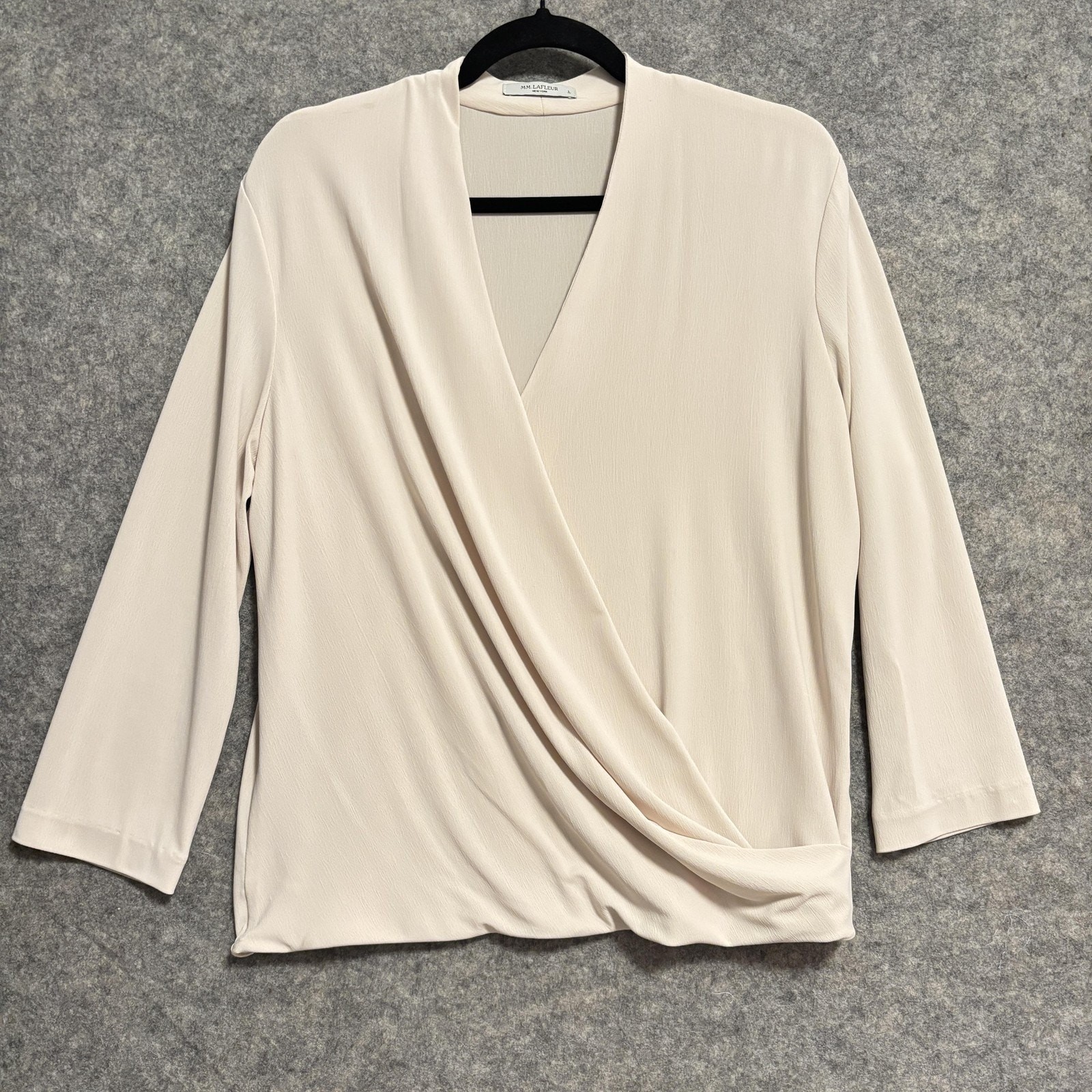 MM LaFleur Blouse Womens Size Large Long Sleeve Off White Draped V Neck Top