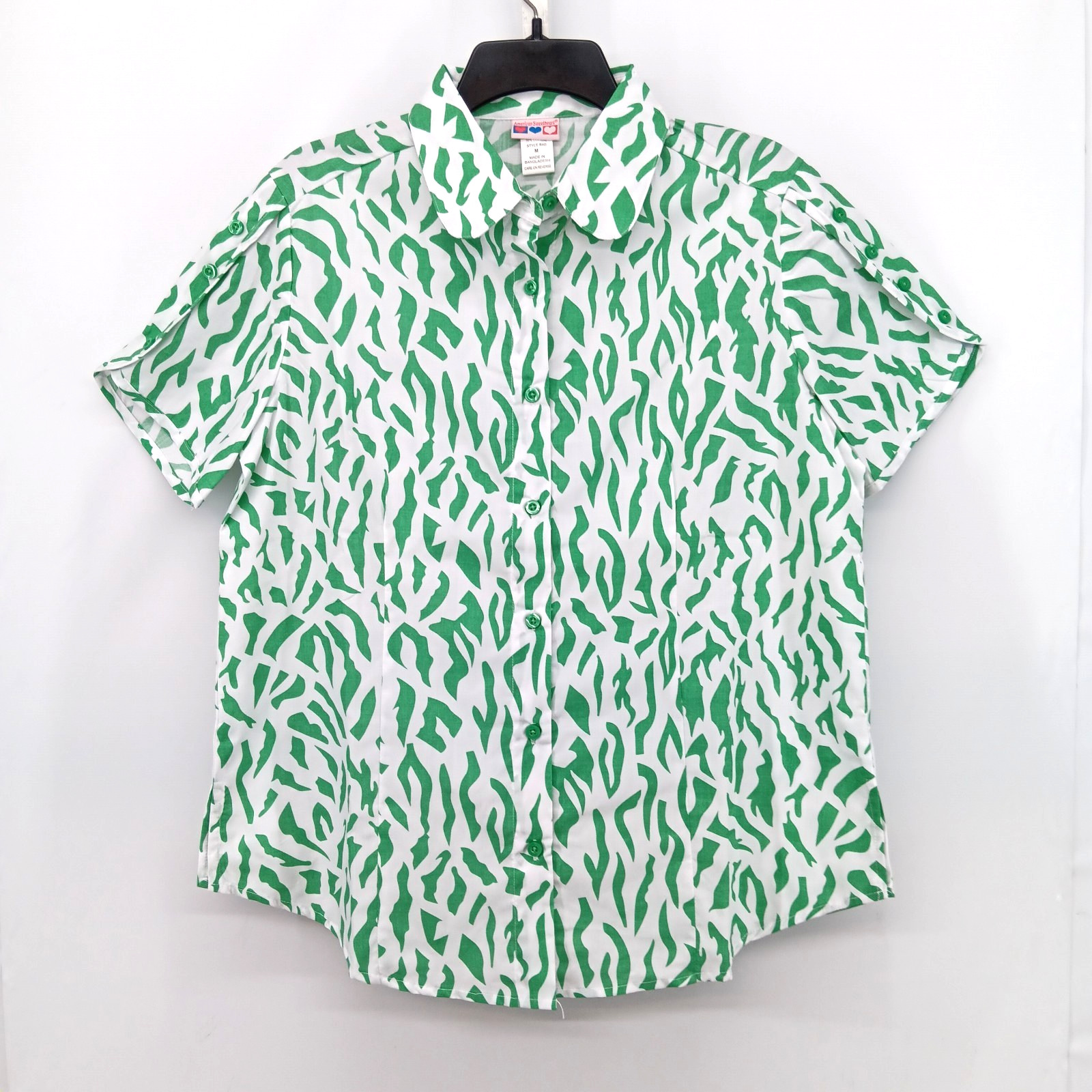 American Sweetheart Shirt Womens Medium White Green Animal Print Button Up Top