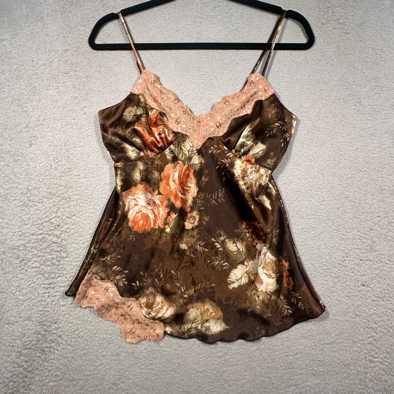 Vintage 90s Studio Y Cami Women M Brown Floral Lace Trim Satin Tank Top USA Made