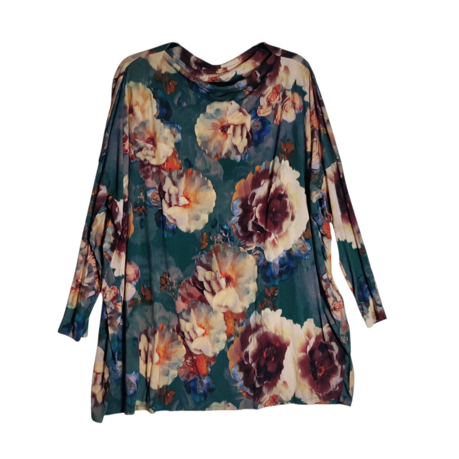 Bryn Walker Floral Tunic Top Large Teal Burgundy Italian Fabric Made in USA L