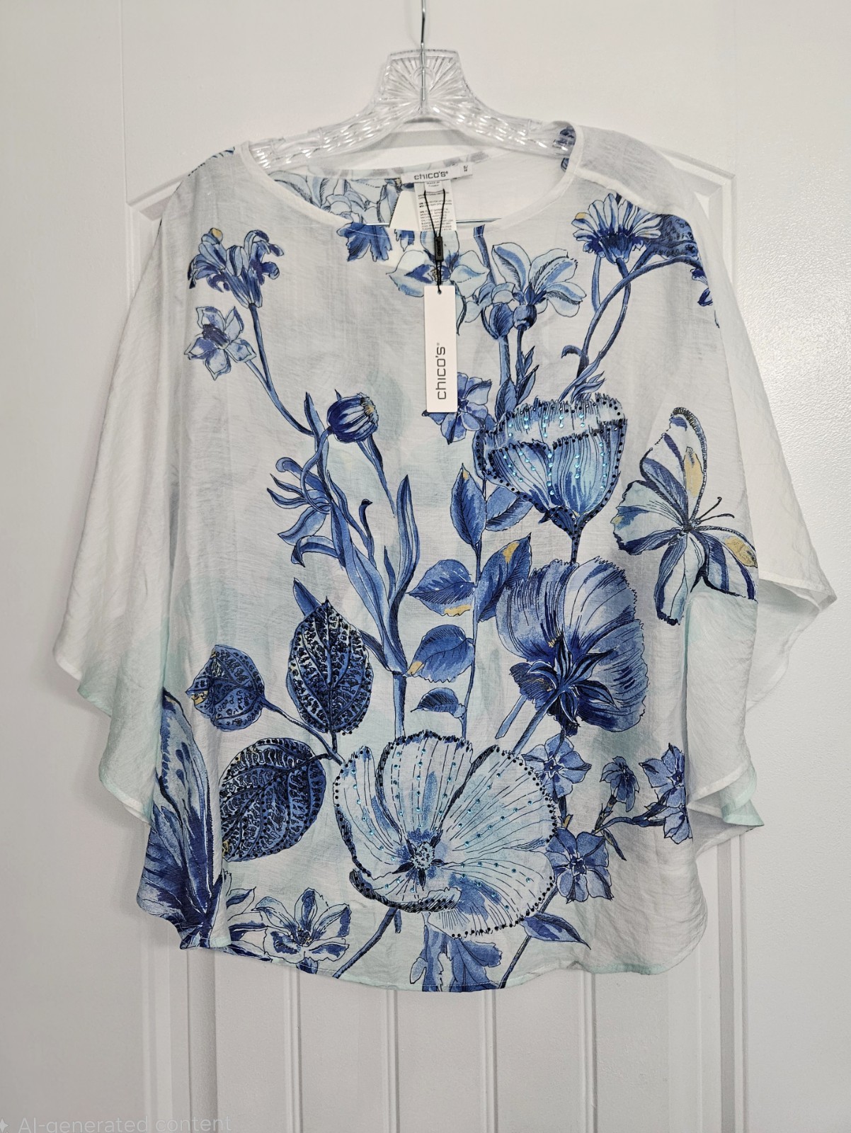 Chicos Womens Small Medium NWT Blue White Floral Butterfly Poncho Blouse