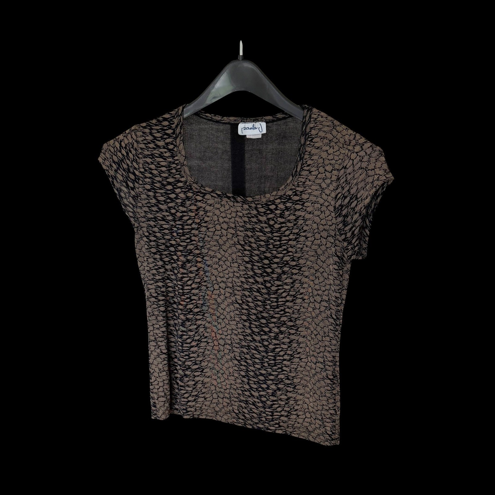 80’s Womens Brown Black Animal Print Cap Sleeve Scoop Neck Top Medium