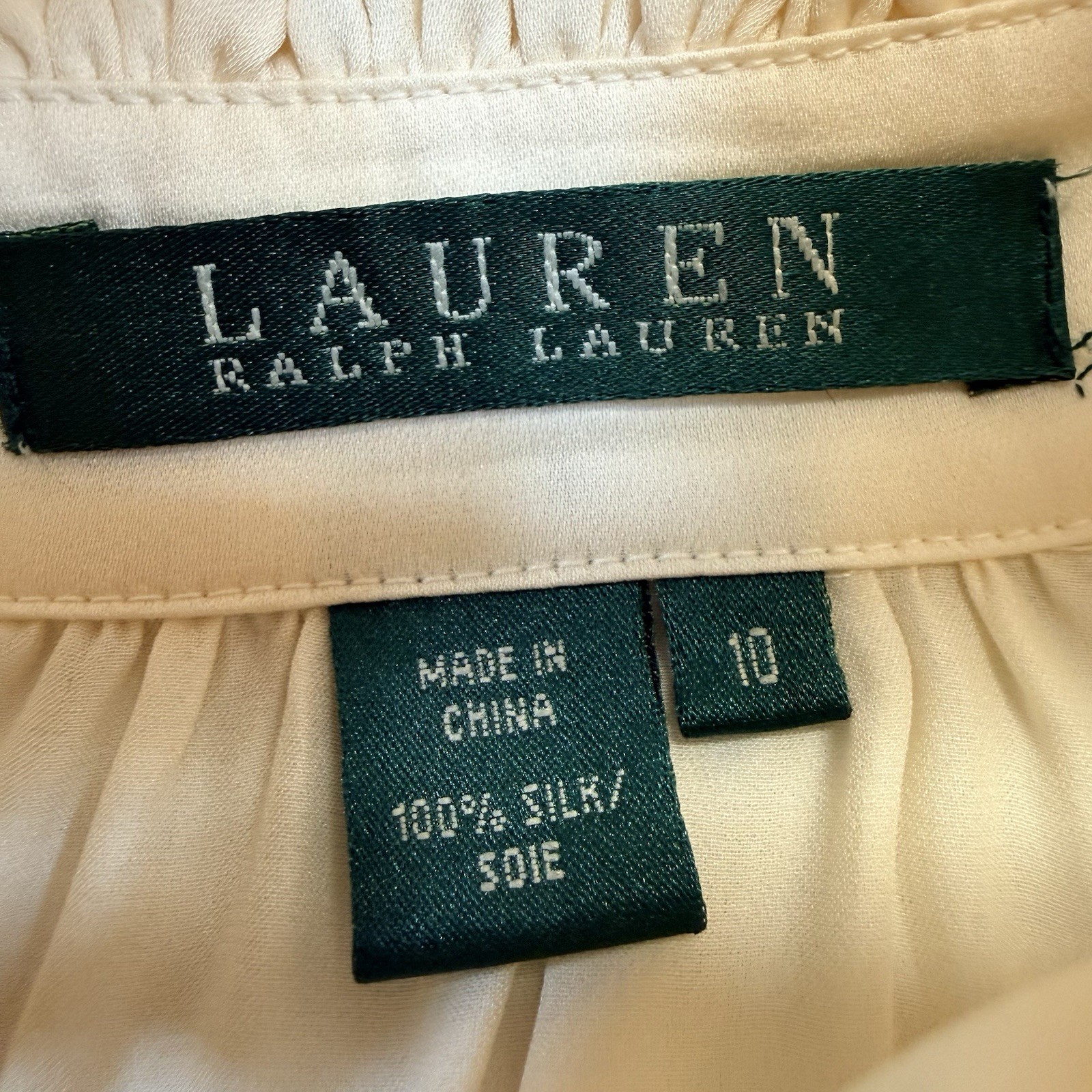 Ralph Lauren Shirt Blouse 100% Silk Ruffle Collar Bow Womens 10 Ivory New $119