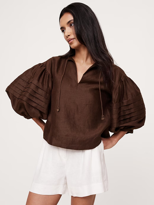Banana Republic Linen Peasant Blouse Espresso Brown NWT $140 M