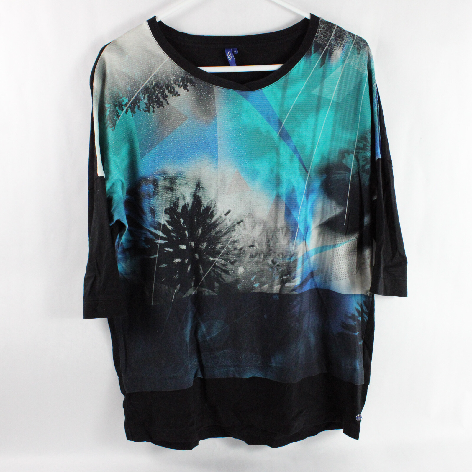 Cecil Women’s Mid Sleeve Top Black Sleeves & Blue Pattern Bodice Size Medium