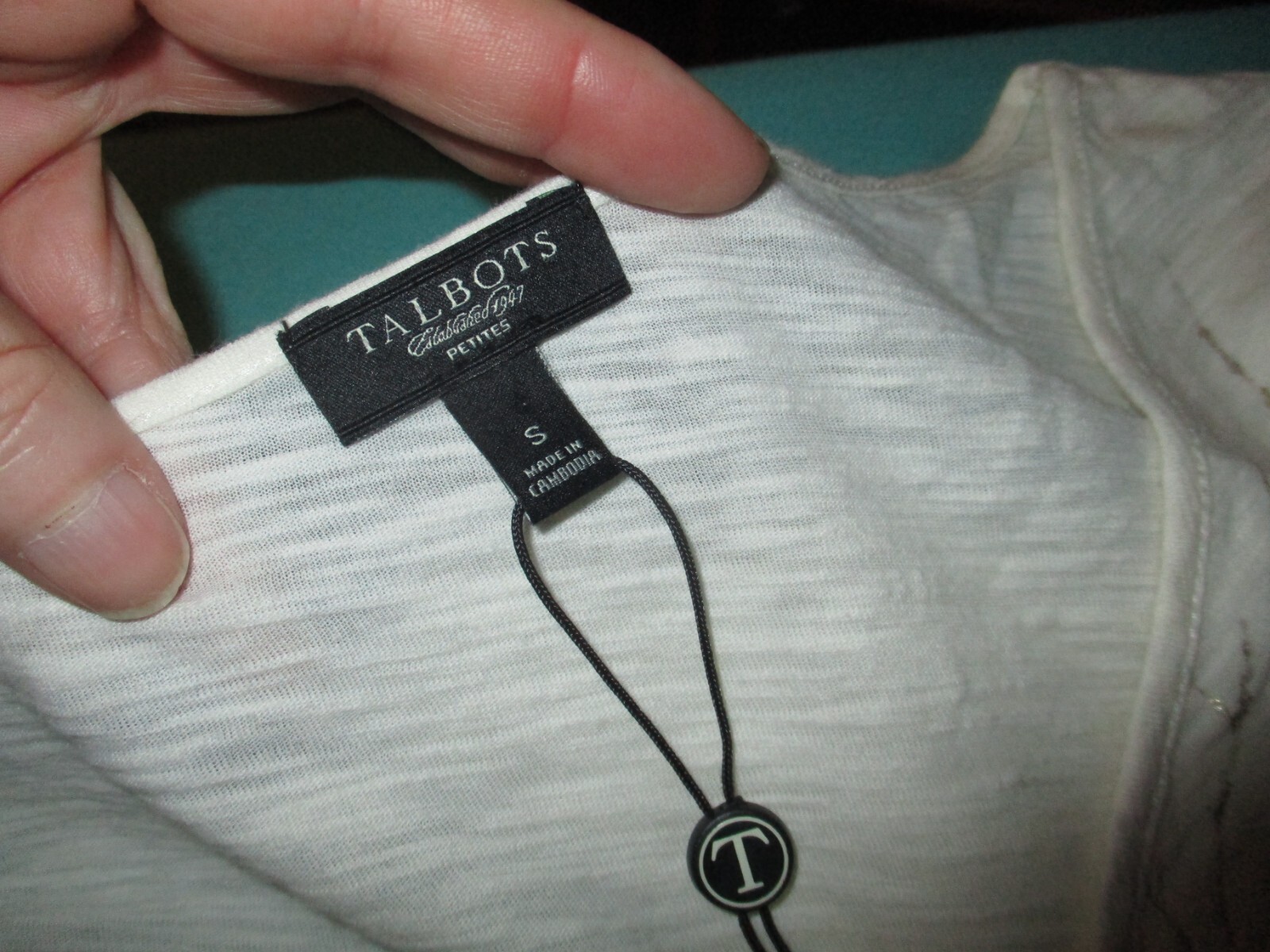 NWOT Talbots Ivory Metallic Taupe Gold Bare Trees V Neck LS T-Shirt Size S