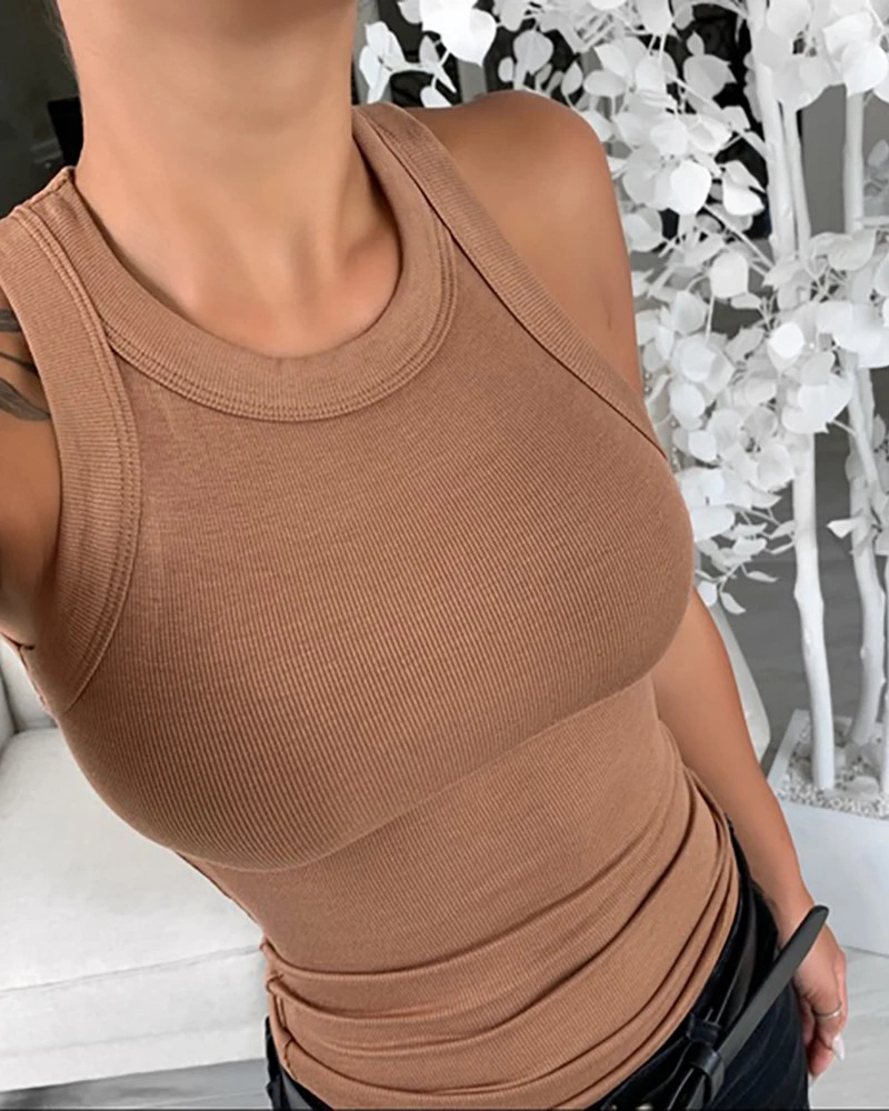 Mujer Top Sin Mangas Acanalado Liso Cuello Redondo Elástico Verano Básico