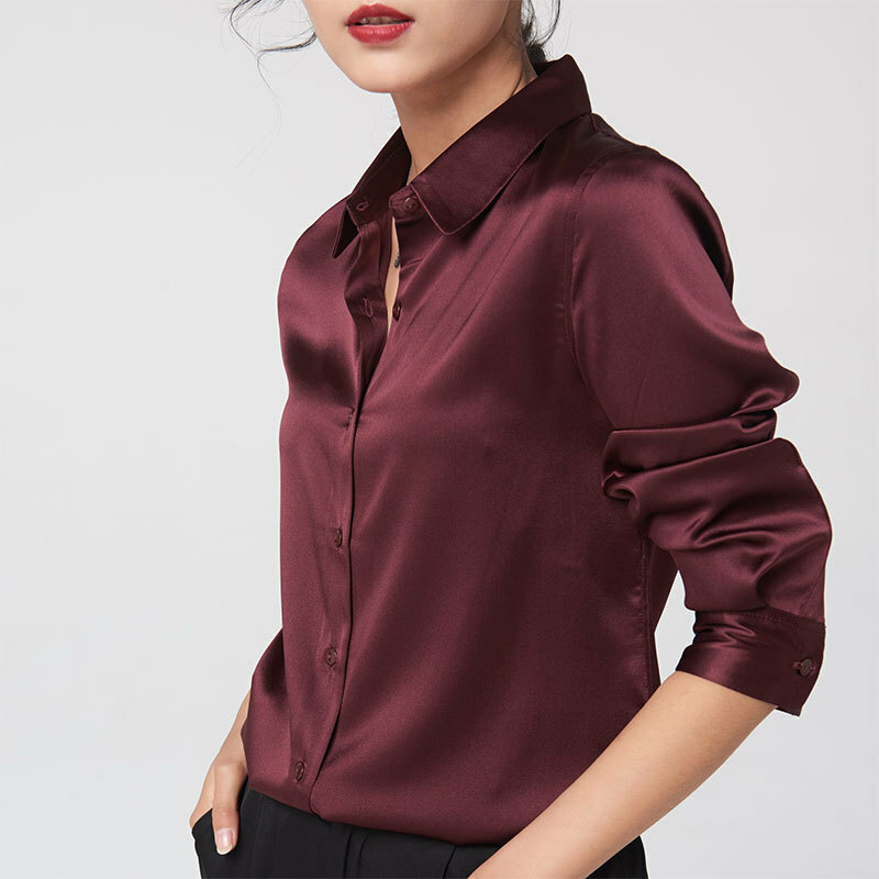 Women’s Mulberry Silk Shirt Long-Sleeve Satin Solid Color Button Soft Breathable