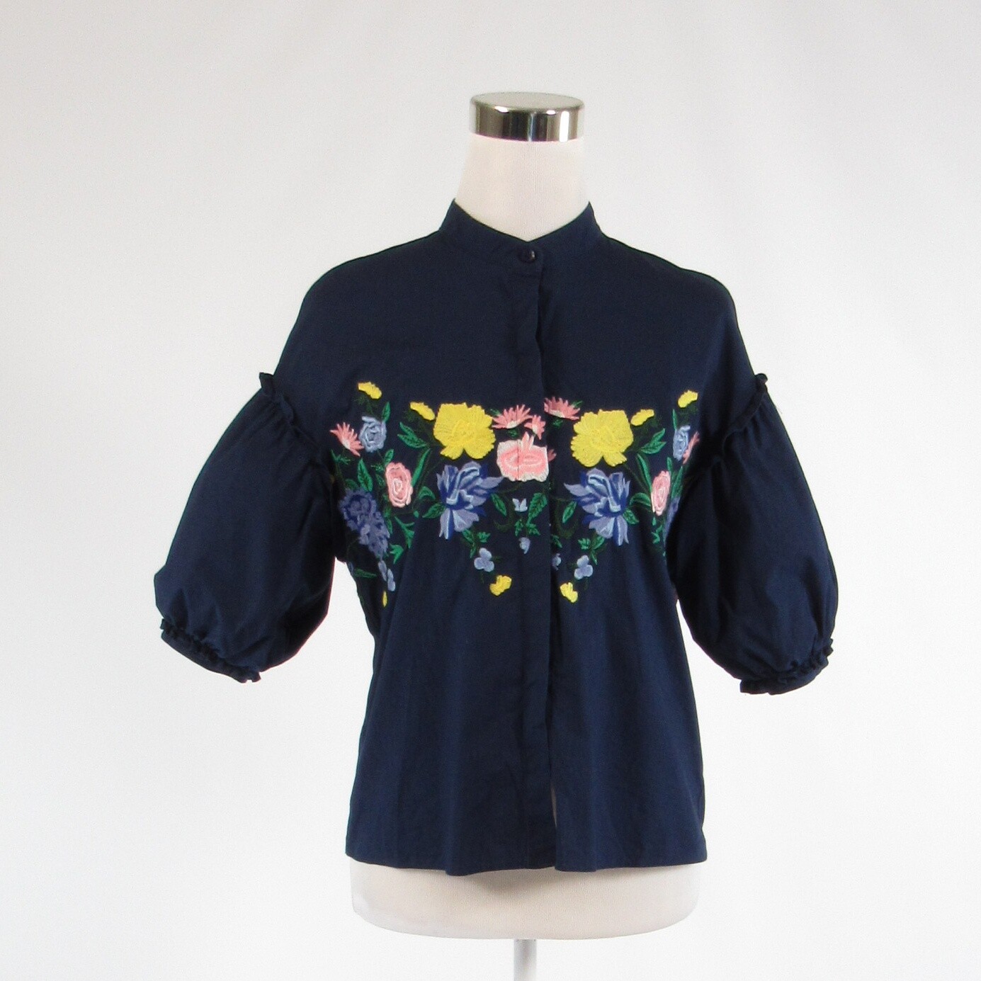 Navy blue yellow floral print 100% cotton AXEL button down blouse FR36 6