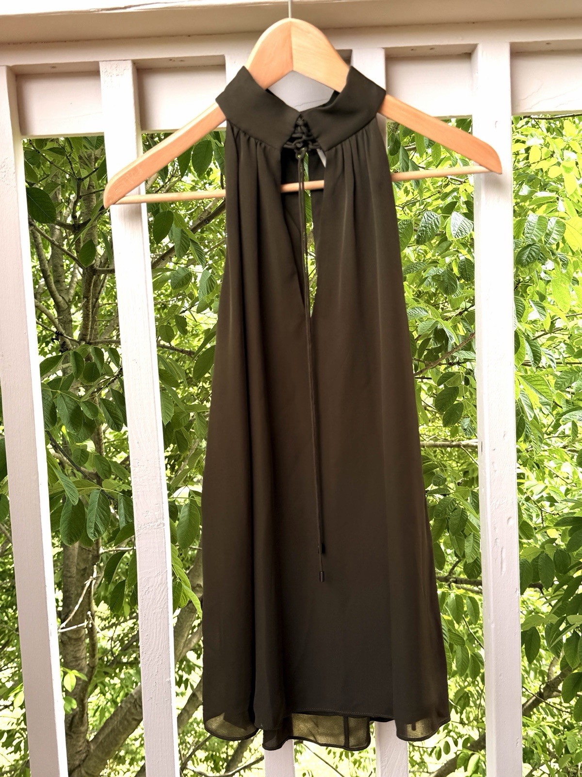 Haute Hippie 100% Silk Halter Tops Women Olive Green Med Slits Front Sides Lined