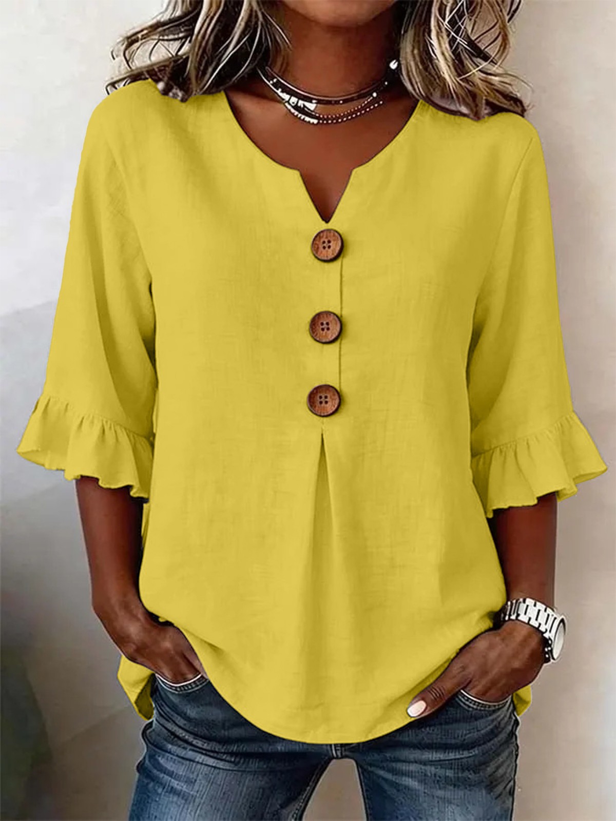 Summer Ruffled-Sleeve Top Loose Casual V-Neck Buttons Short-sleeved Shirts Women
