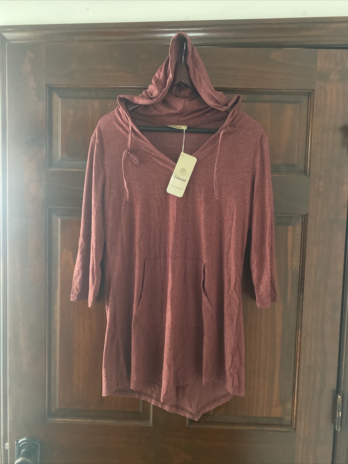 Timeson Hoodie Womens L Wine Pullover Kangaroo Pocket V Neck Mid Sleeve – New