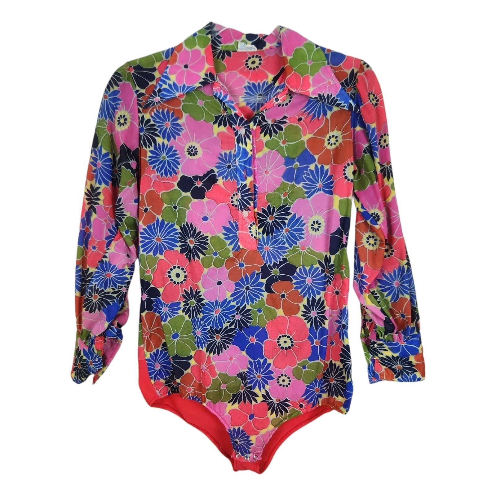 Vtg 1970s Flower Power Bodysuit Medium Dagger Collar Psychedelic Floral Mod Boho