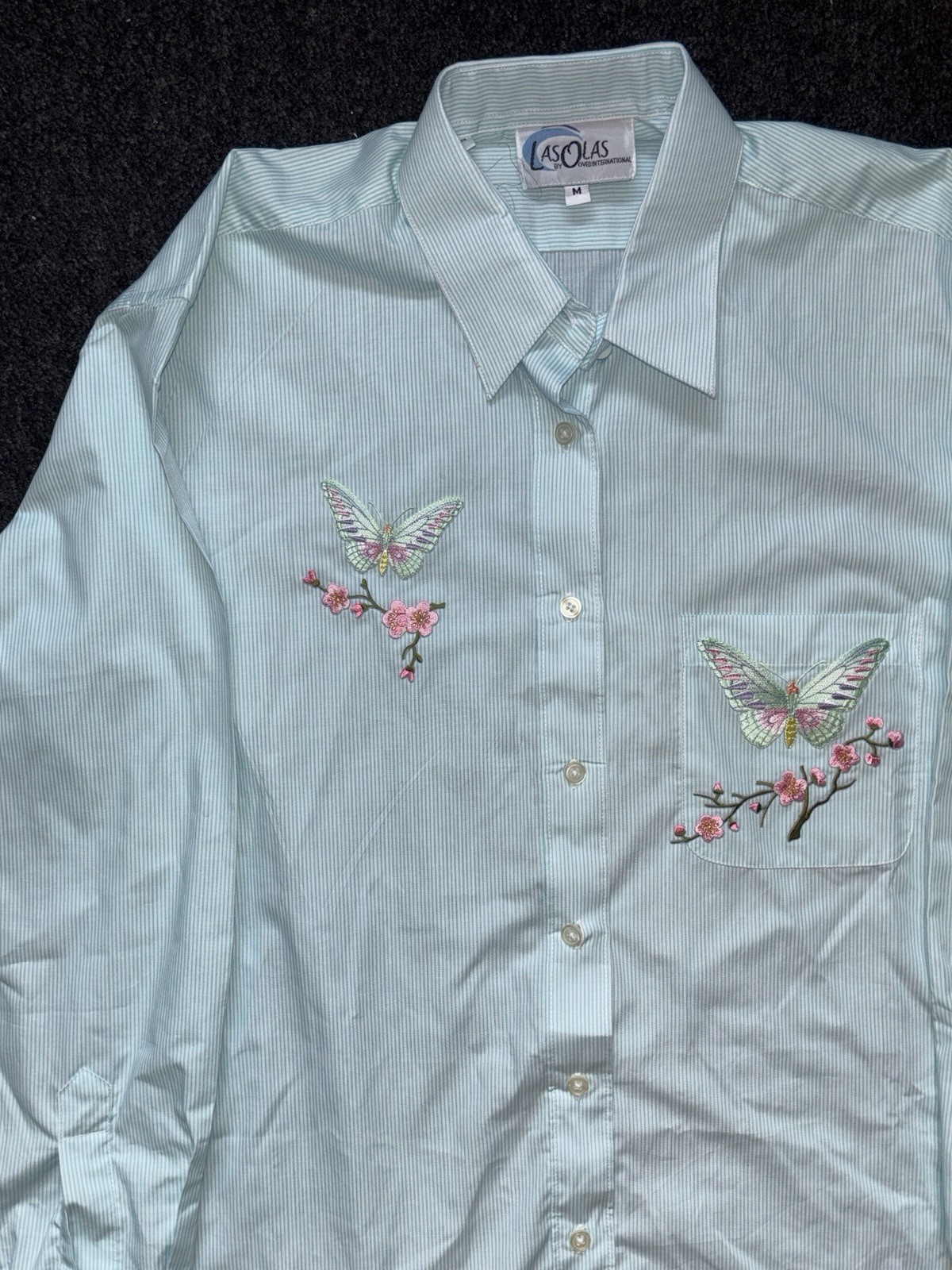 Vtg Retro 80s Las Olas Striped Butterfly Floral Embroidered Button Shirt Sz M