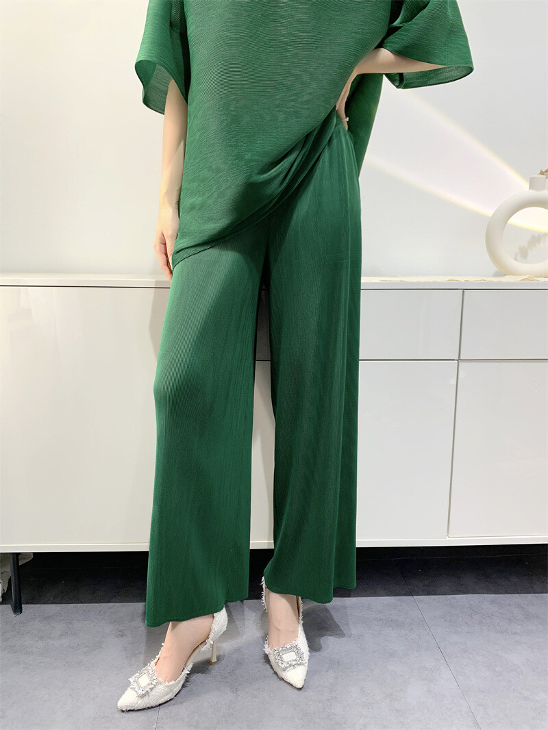 Summer Women’s Wrinkle Loose Top Straight Leg Trouser Split Wide Leg Trouser