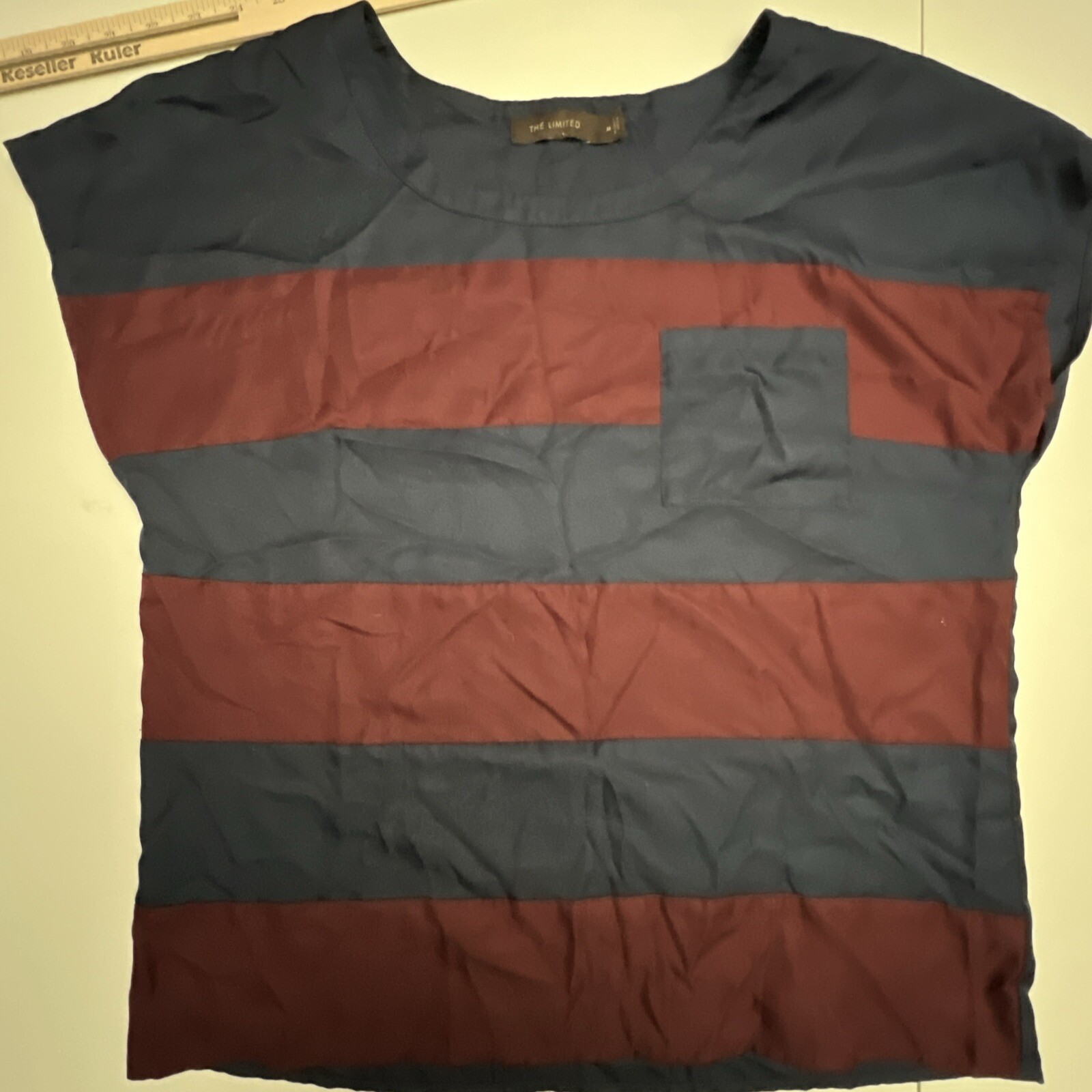 The Limited Blouse Women’s M Color block Top Cap Sleeve Burgandy Navy Blue