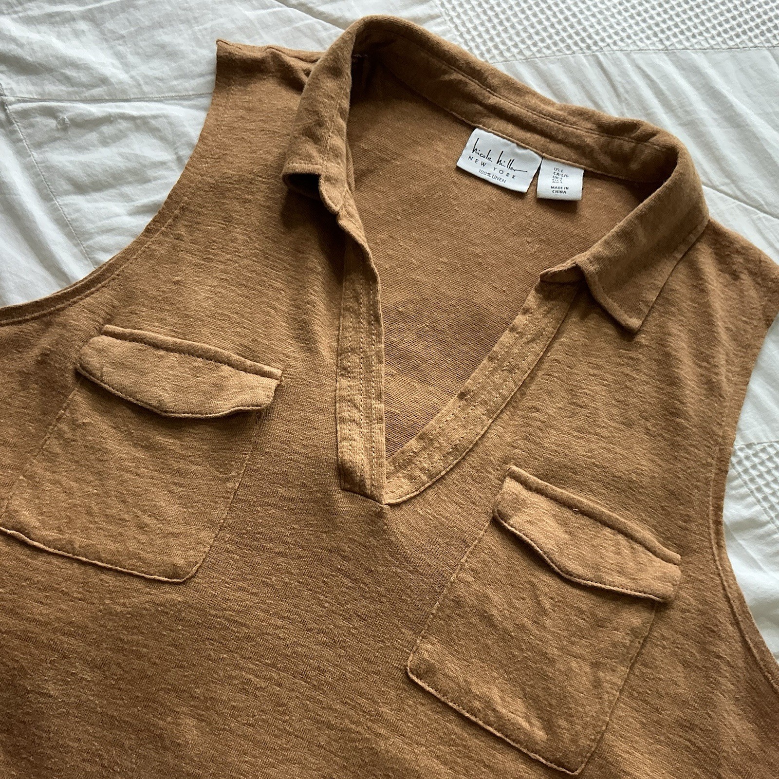Nicole Miller NY Sleeveless Linen Utility Safari Chic Top Sz L Warm Brown Travel