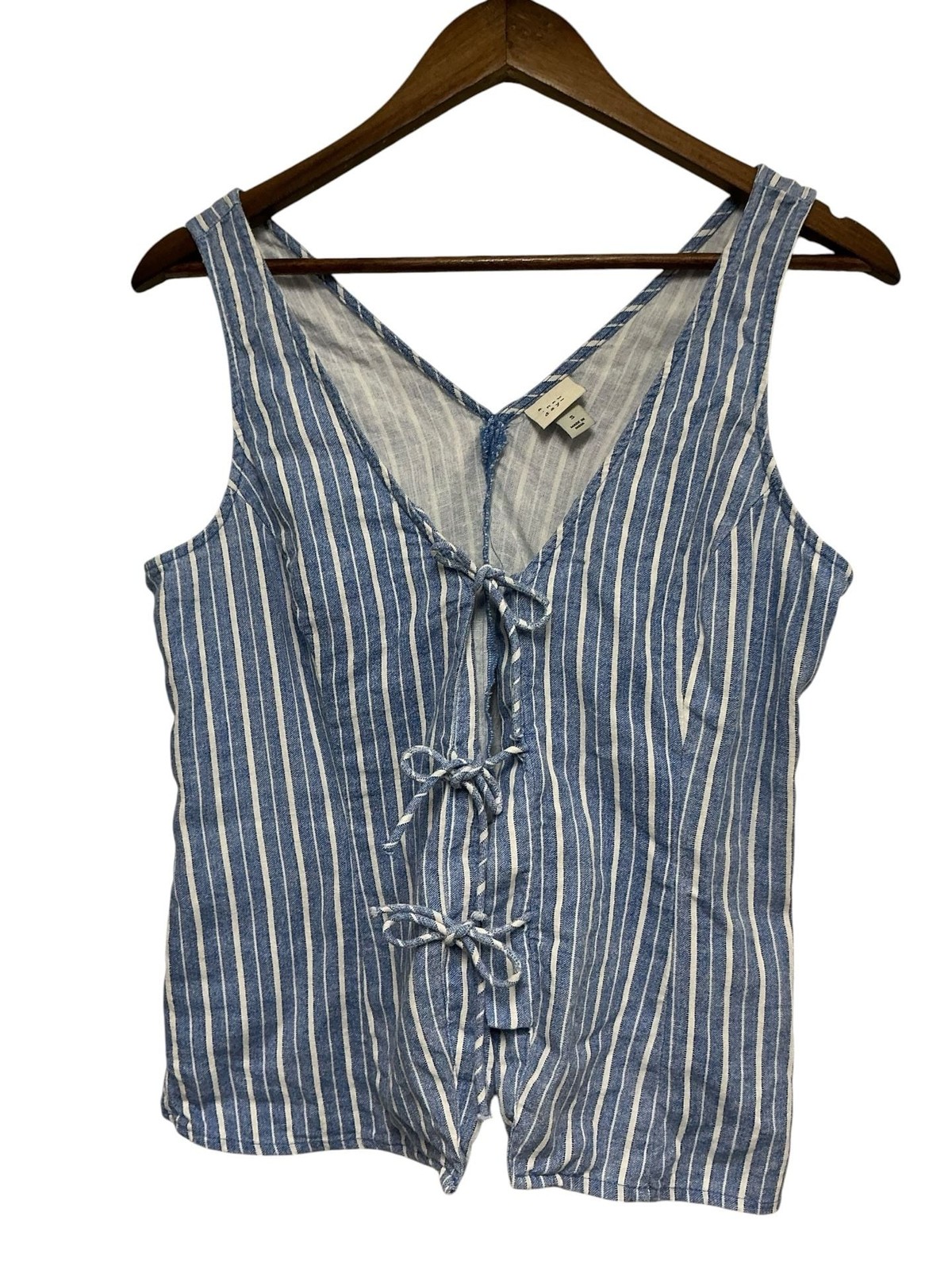 A New Day Blue White Striped Linen Blend Tie Front Tank Top Small