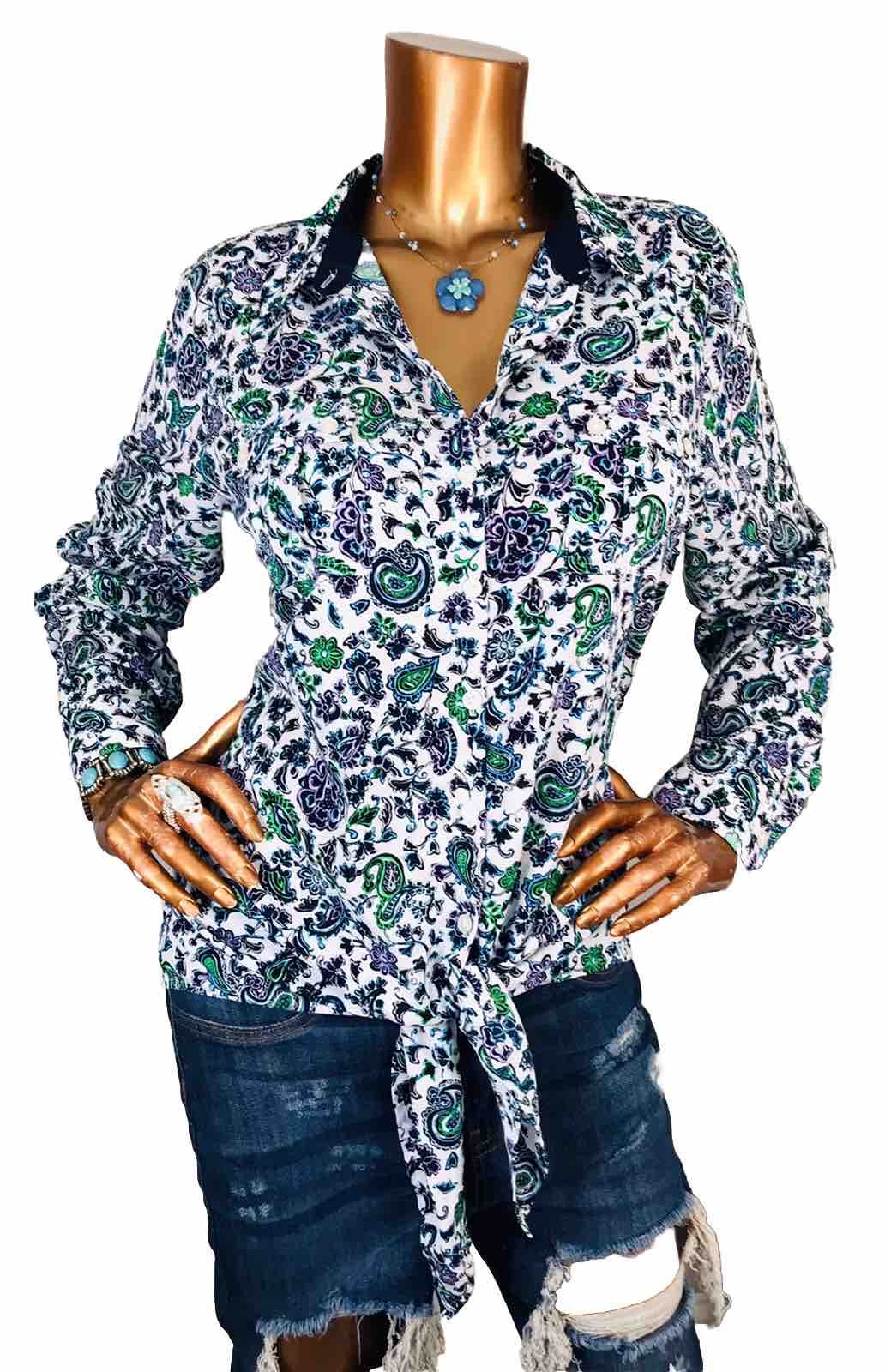 Jones NY Signature L Top Stretch Hem Tie Front Floral Paisleys Button Up Shirt