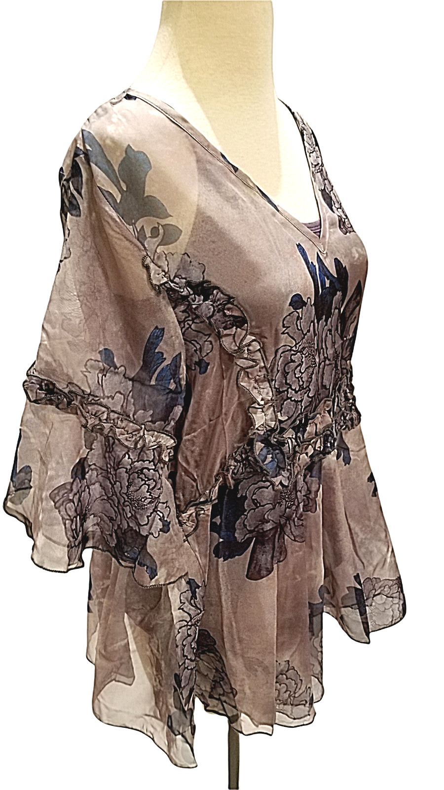Pretty Angel Women’s 3/4 Bell Sleeve Blouse Small M Sheer Floral Blue Sheer New