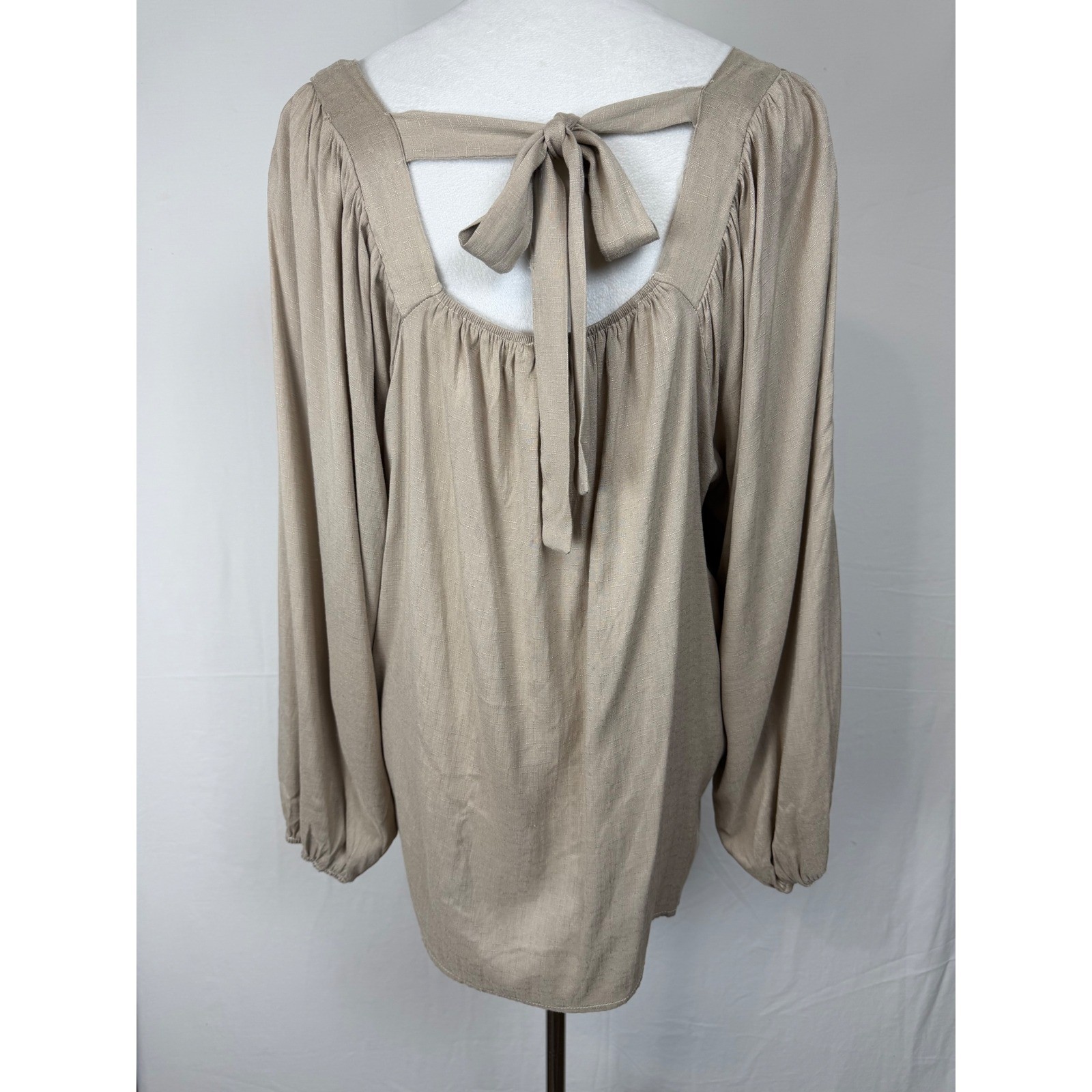 Perfectly Priscilla Square Neck Blouse Women’s 2X Tan Tie Back Peasant Babydoll