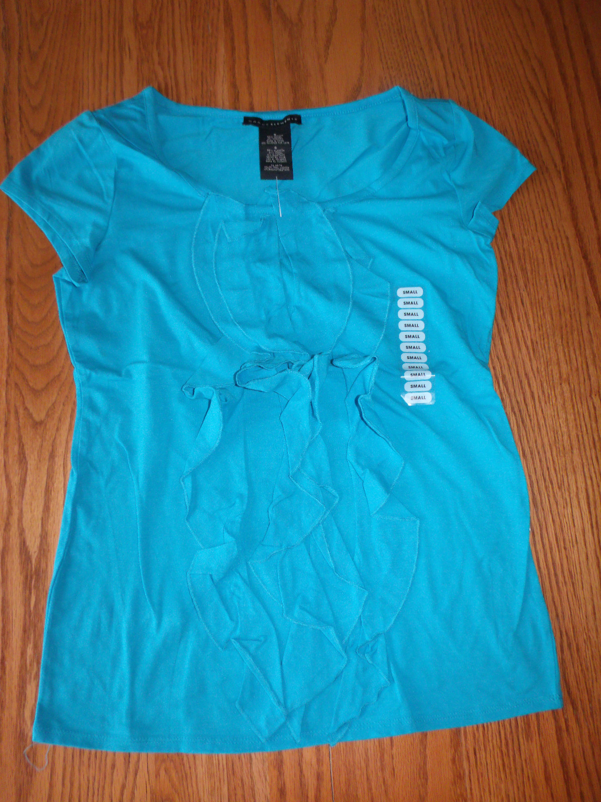 New Womens Gracs Elements Shirt ShortSleeve Ruffle Top Teal Lagoon Blue Small S