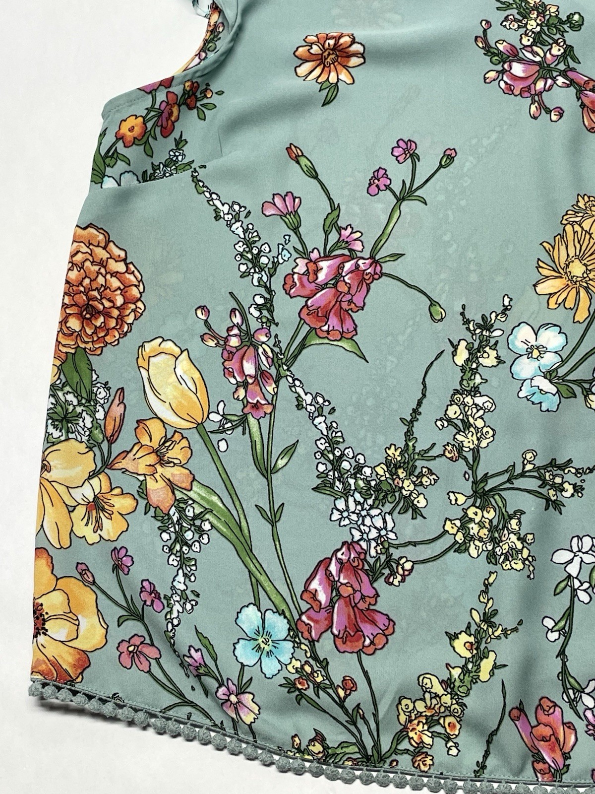 Blue Wildflower Floral Flutter Sleeve Tie Back Blouse XL Boho Cottagecore Dainty