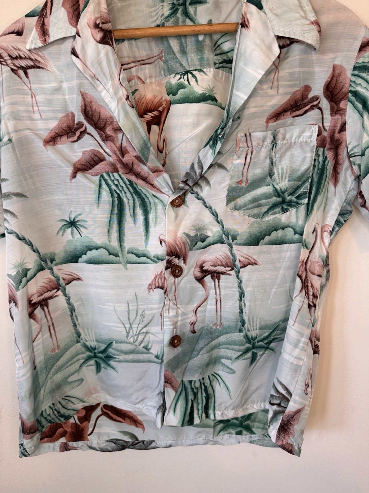 Vintage 90s Ocean Pacific OP Flamingo Hawaiian Shirt Womens Surf Tropical L/XL