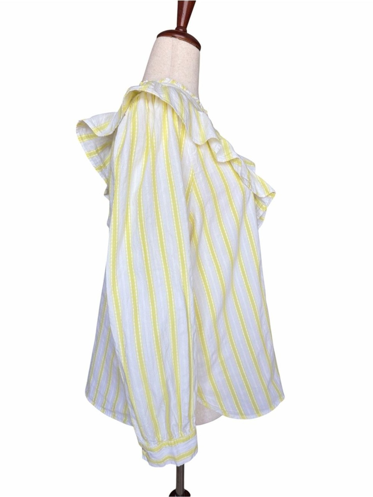 LOFT XL Yellow White Stripe Ruffle Collar Button Front Cotton Blouse Cottage