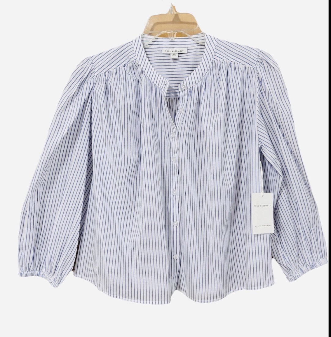 NWT Free Assembly Shirred Cotton Blouse Puff Sleeves Blue & White Strip XS