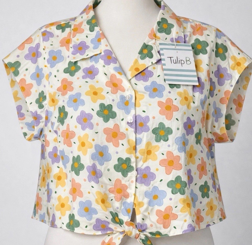 Womens Floral Crop Top Tie Front Camp Collar Cotton Retro Cottagecore L