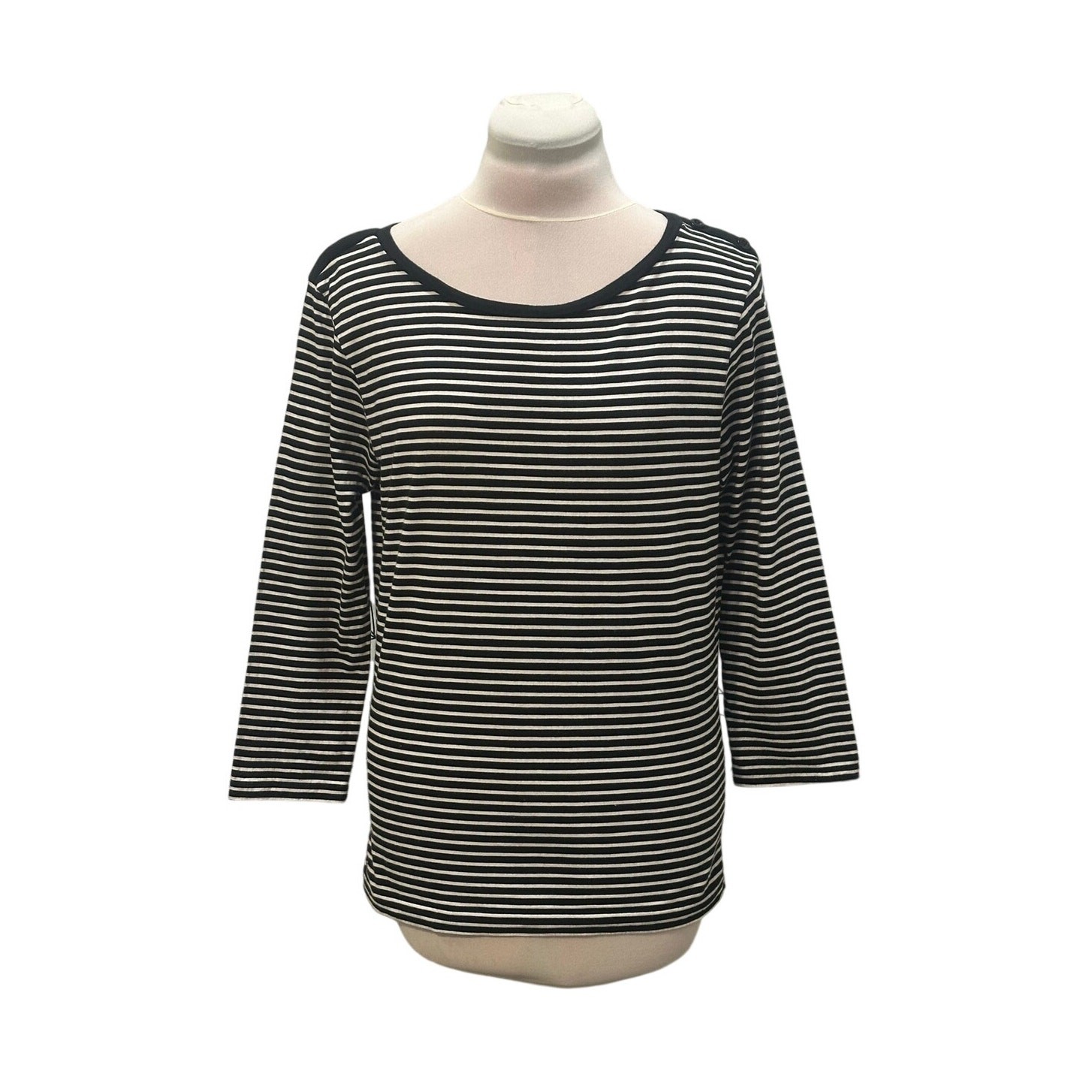 RALPH LAUREN Black White Stripe Top Purple Pony L 3/4 Sleeve 100% Pima Cotton