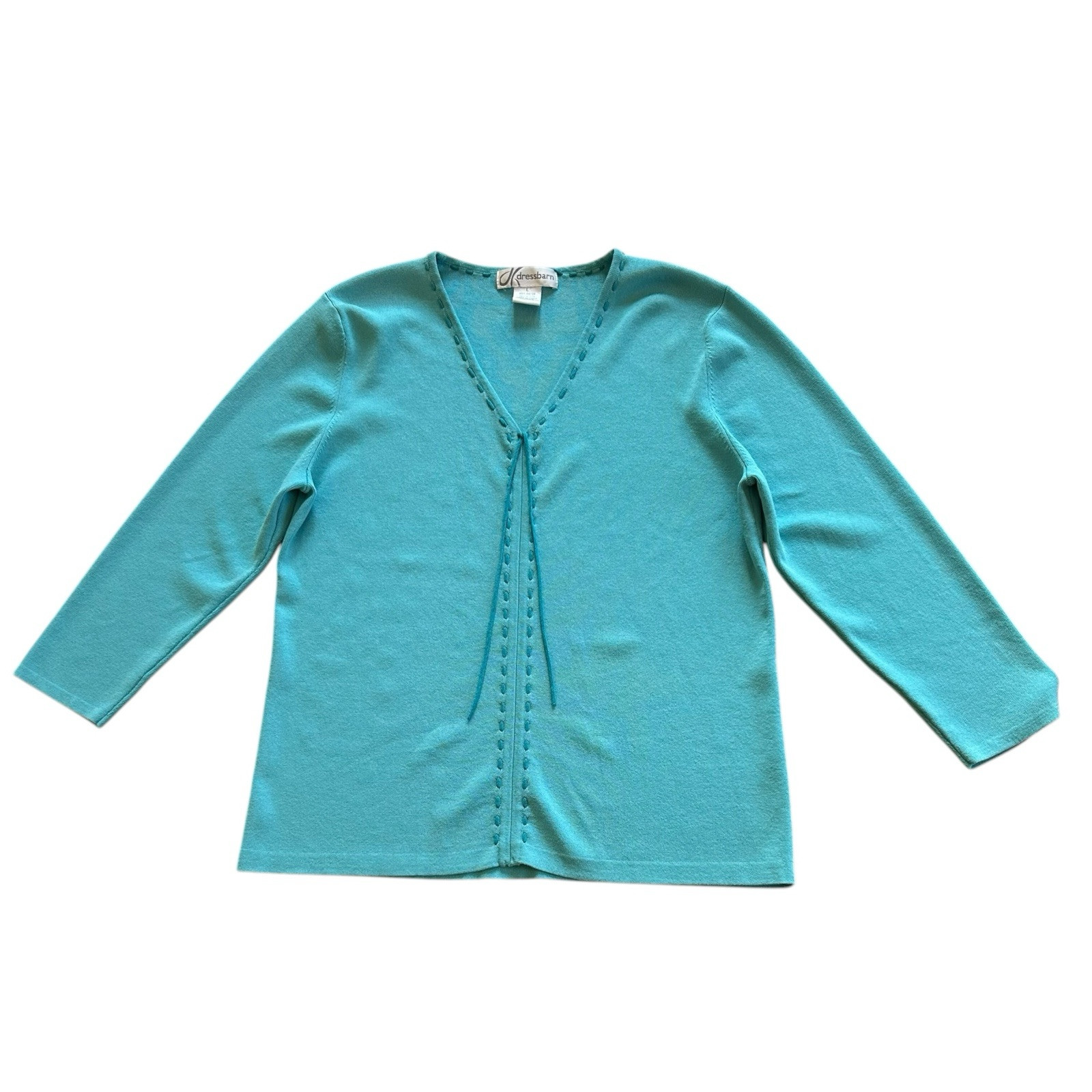 Dressbarn V-Neck Knit Top Womens Size L Stretch 3/4 Sleeve Turquoise Blue