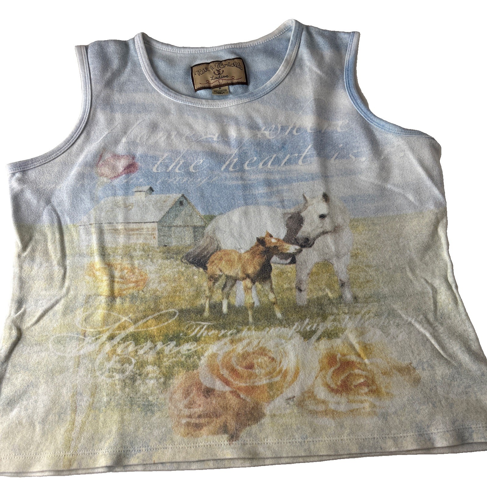 Bit & Bridle Womens Tank Top M Sleeveless Home is where the heart is Horses rose