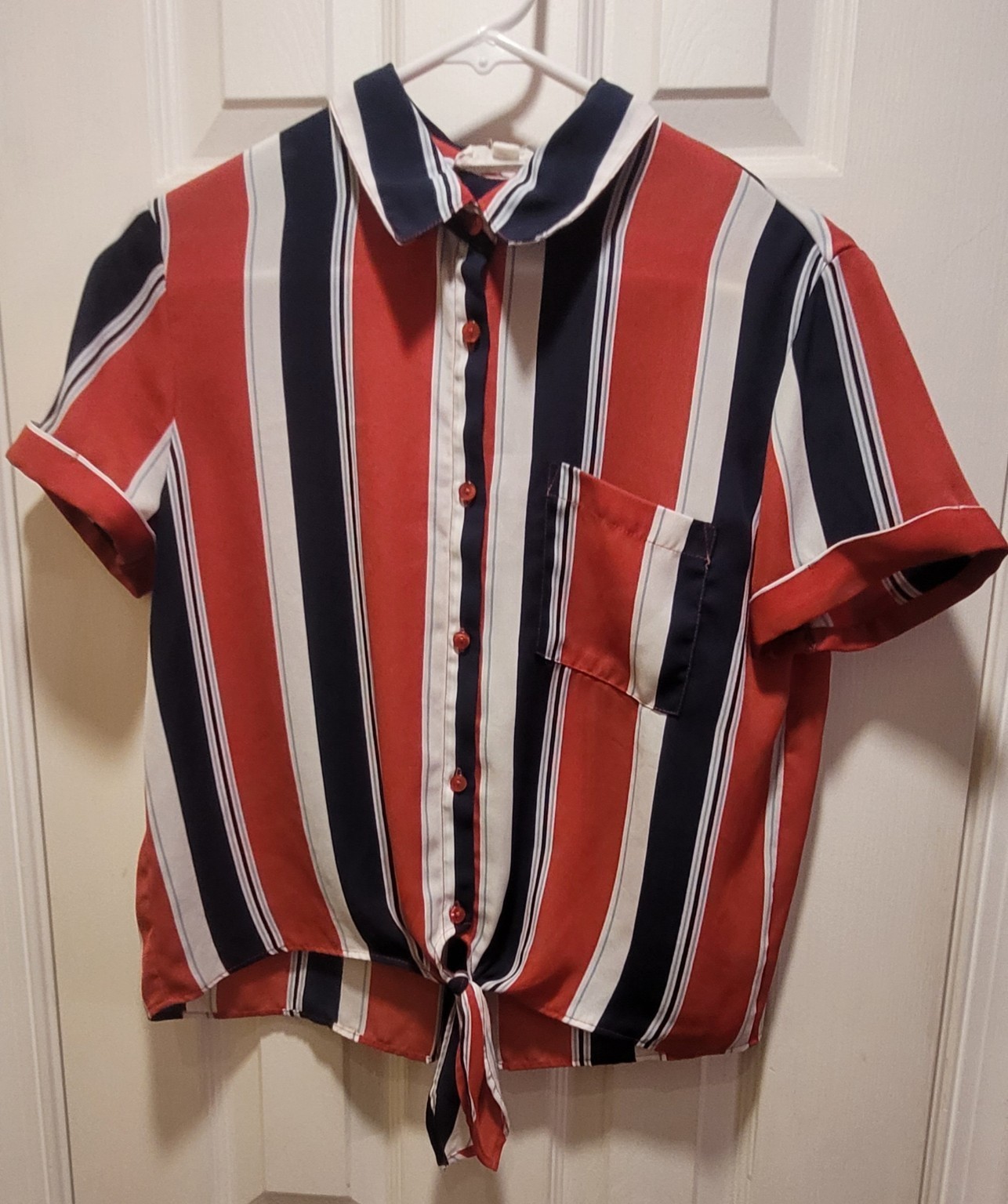 Juniors Striped Tie Front Button Blouse Size Small Red White Blue