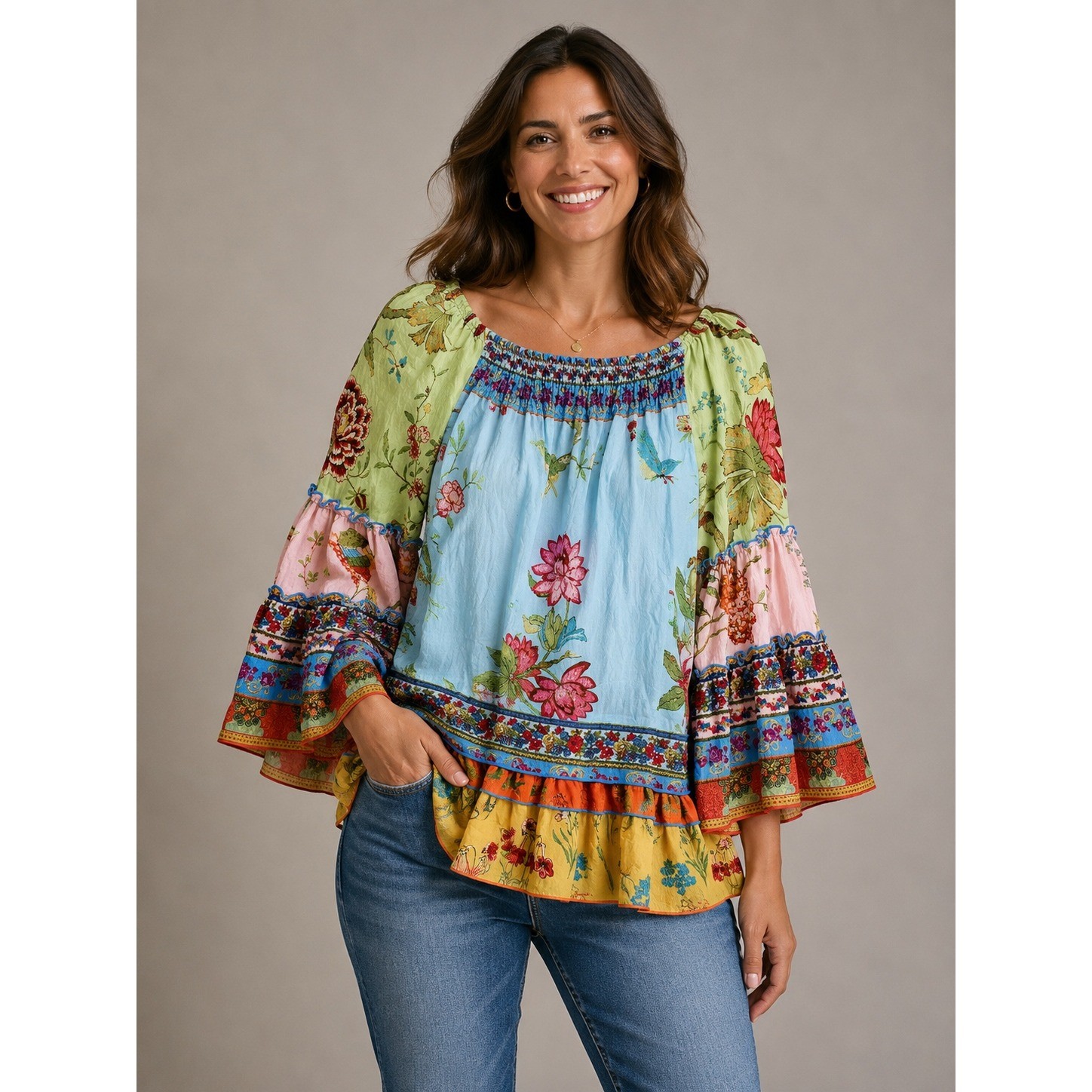 John Mark Floral Patchwork Blouse Multi-Color Ruffle Tiered Peasant Womens Large