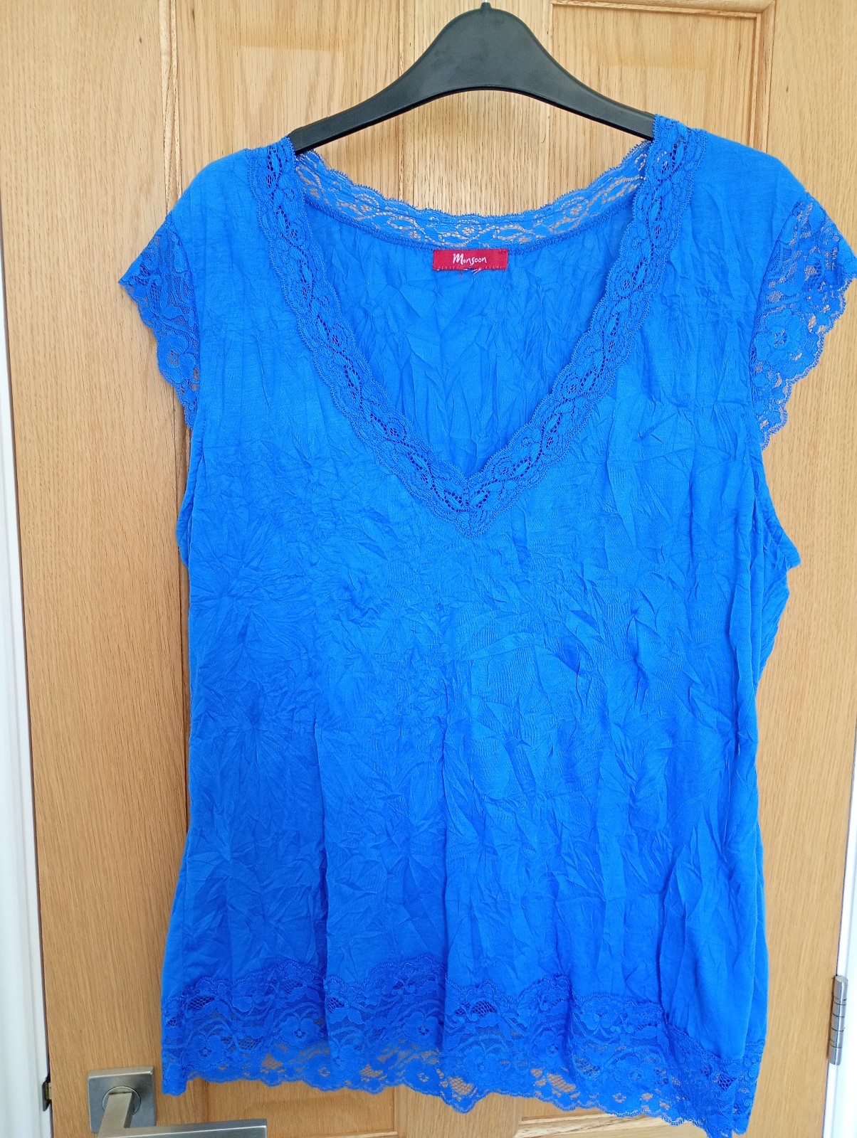 Monsoon Rich Blue crinkle lace style V neck top, 14