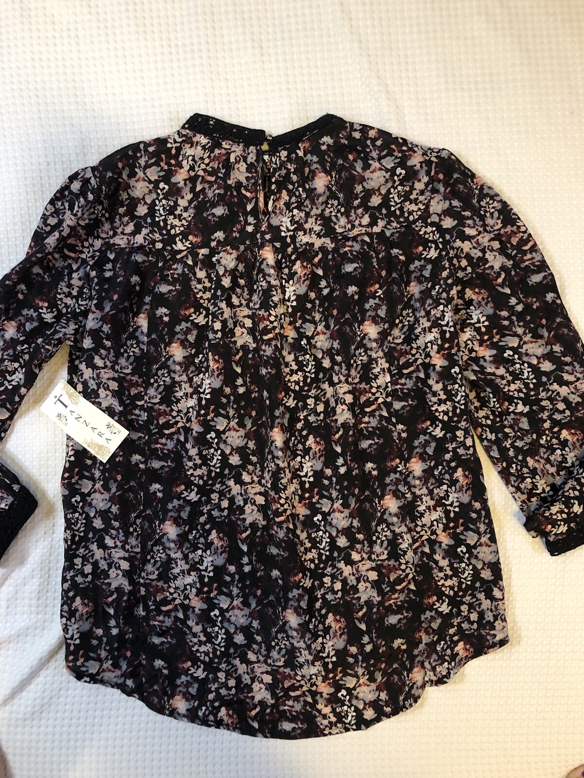 TANZARA – Women’s Large – NEW – Black Pink Floral Lace Panel Blouse – MSRP $43