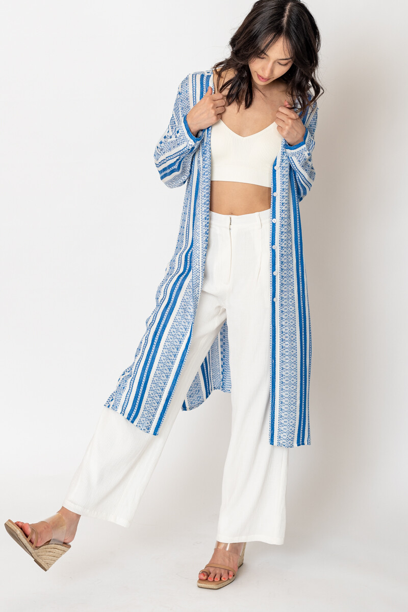 En Creme Striped Button Front Side Slit Tunic Top Women’s